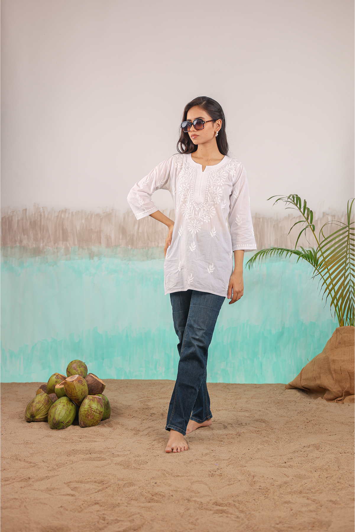 WHITE NEERA PURE COTTON HAND CRAFTED CHIKANKARI SHORT KURTI