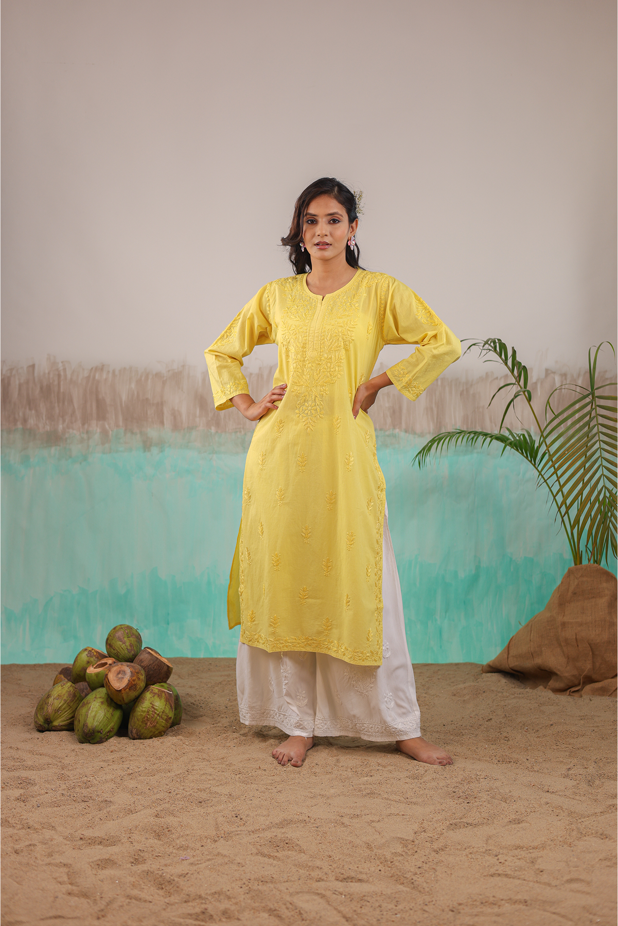 YELLOW AAROHI PURE COTTON HAND CRAFTED CHIKANKARI STRAIGHT KURTI