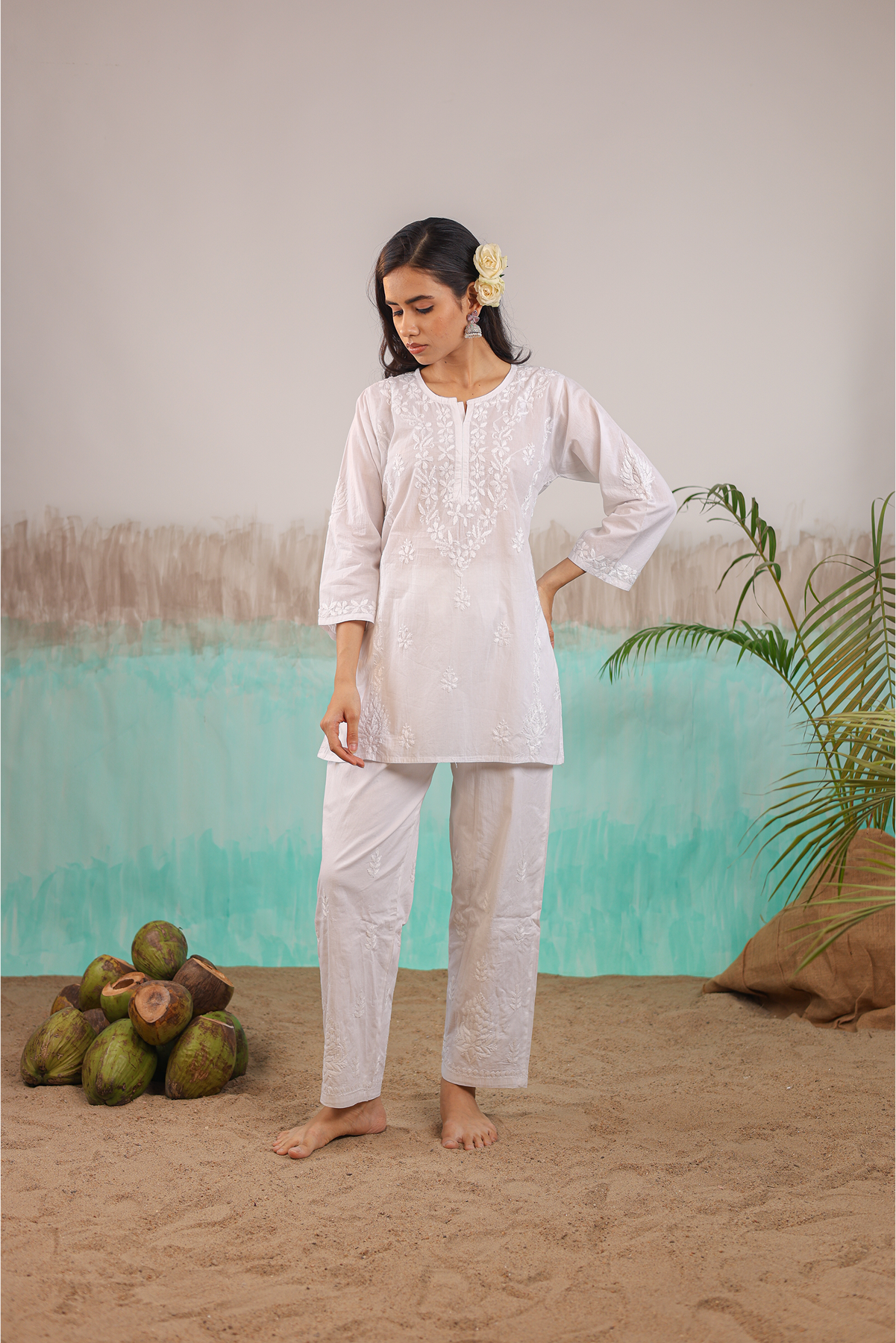 WHITE ANVI PURE COTTON HAND CRAFTED CHIKANKARI SHORT KURTI