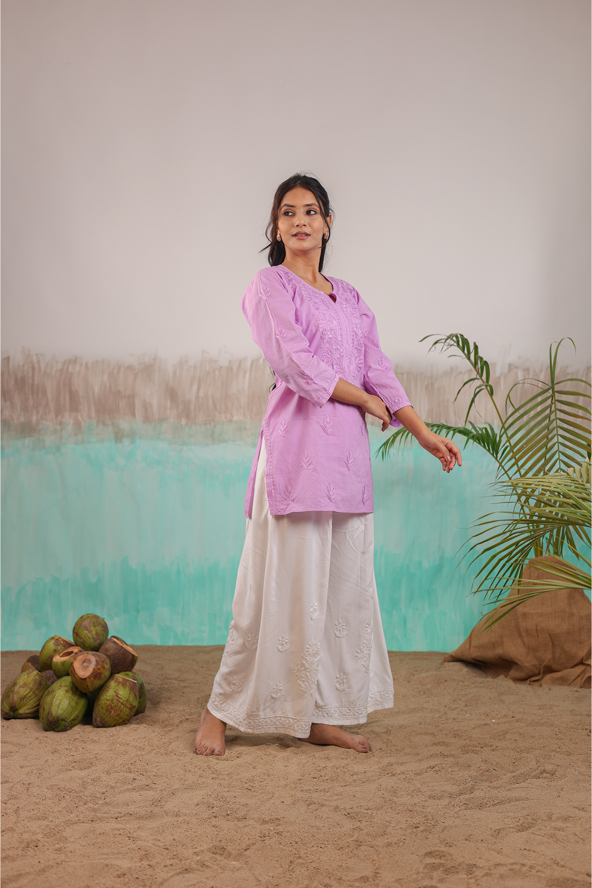 MAUVE NEERA PURE COTTON HAND CRAFTED CHIKANKARI SHORT KURTI