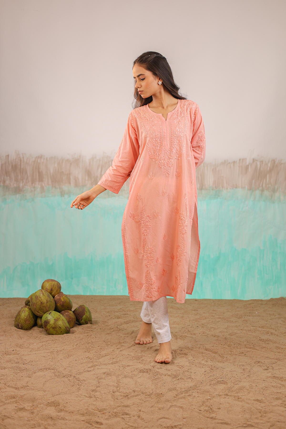 PEACH KAVYA PURE COTTON HAND CRAFTED CHIKANKARI STRAIGHT KURTI