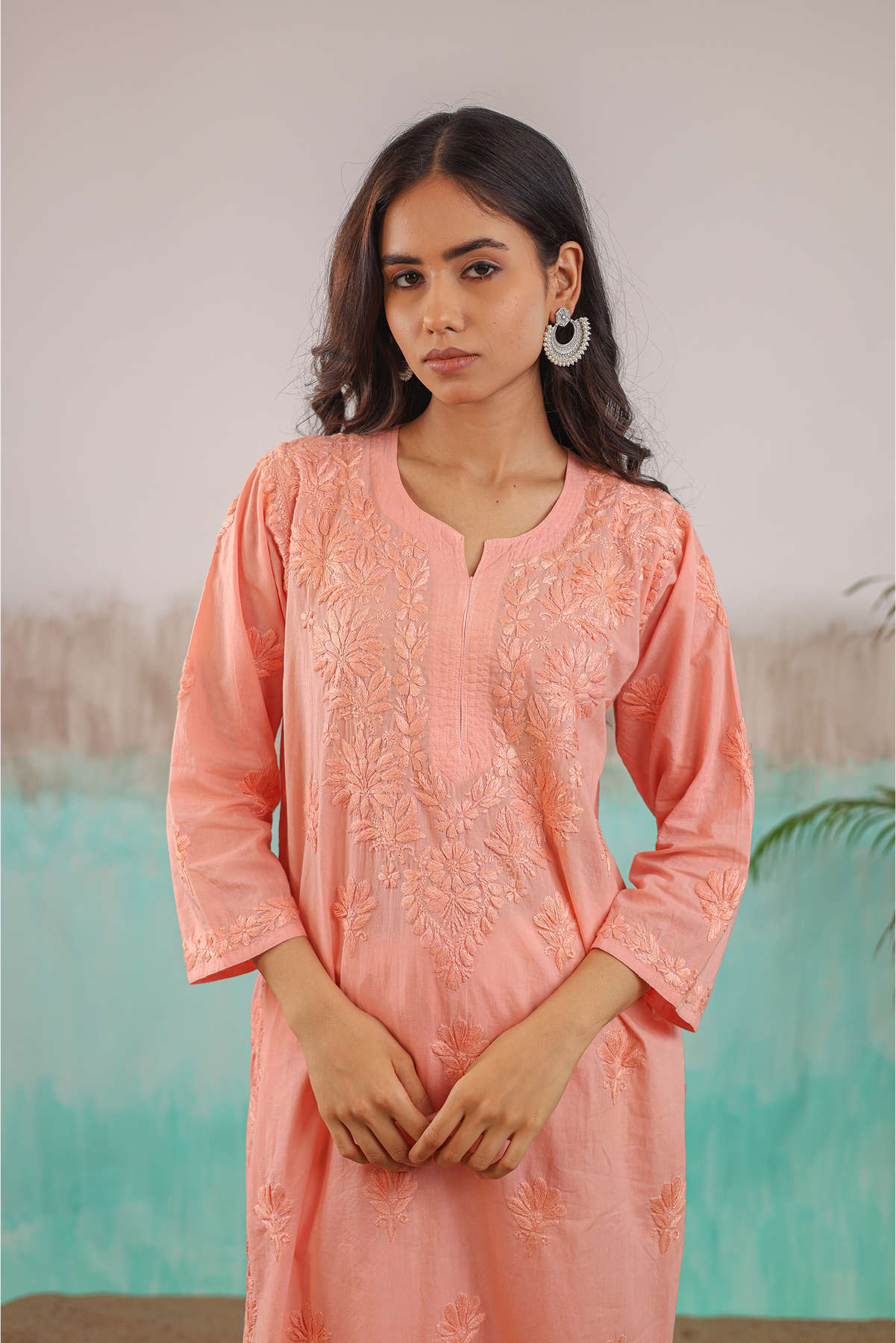 PEACH RUHANI PURE COTTON HAND CRAFTED CHIKANKARI STRAIGHT KURTI