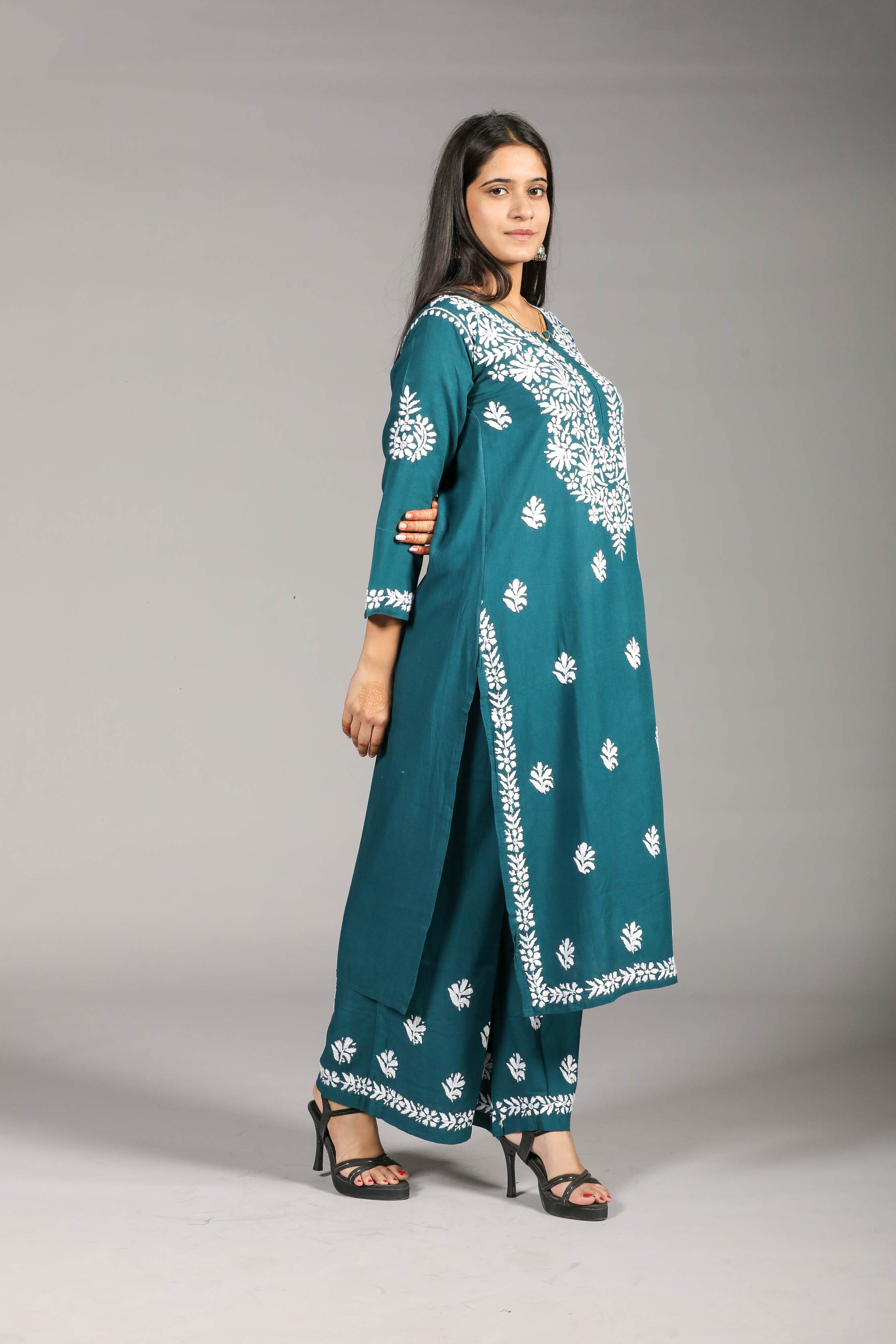 VAMI Rayon Kurti Palazzo set-Sea Blue colour