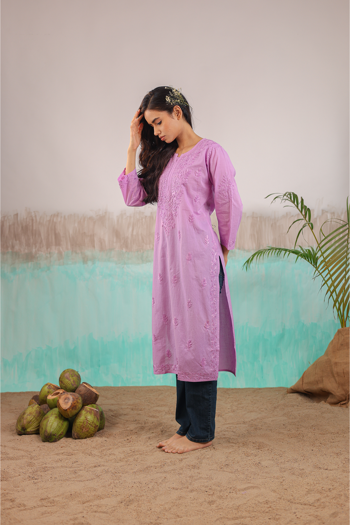 MAUVE AAROHI PURE COTTON HAND CRAFTED CHIKANKARI STRAIGHT KURTI