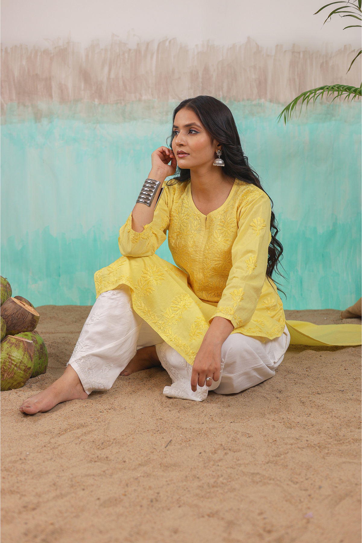 YELLOW RUHANI PURE COTTON HAND CRAFTED CHIKANKARI STRAIGHT KURTI