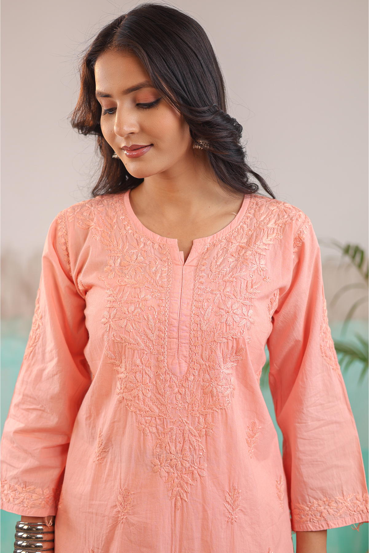 PEACH AAROHI PURE COTTON HAND CRAFTED CHIKANKARI STRAIGHT KURTI