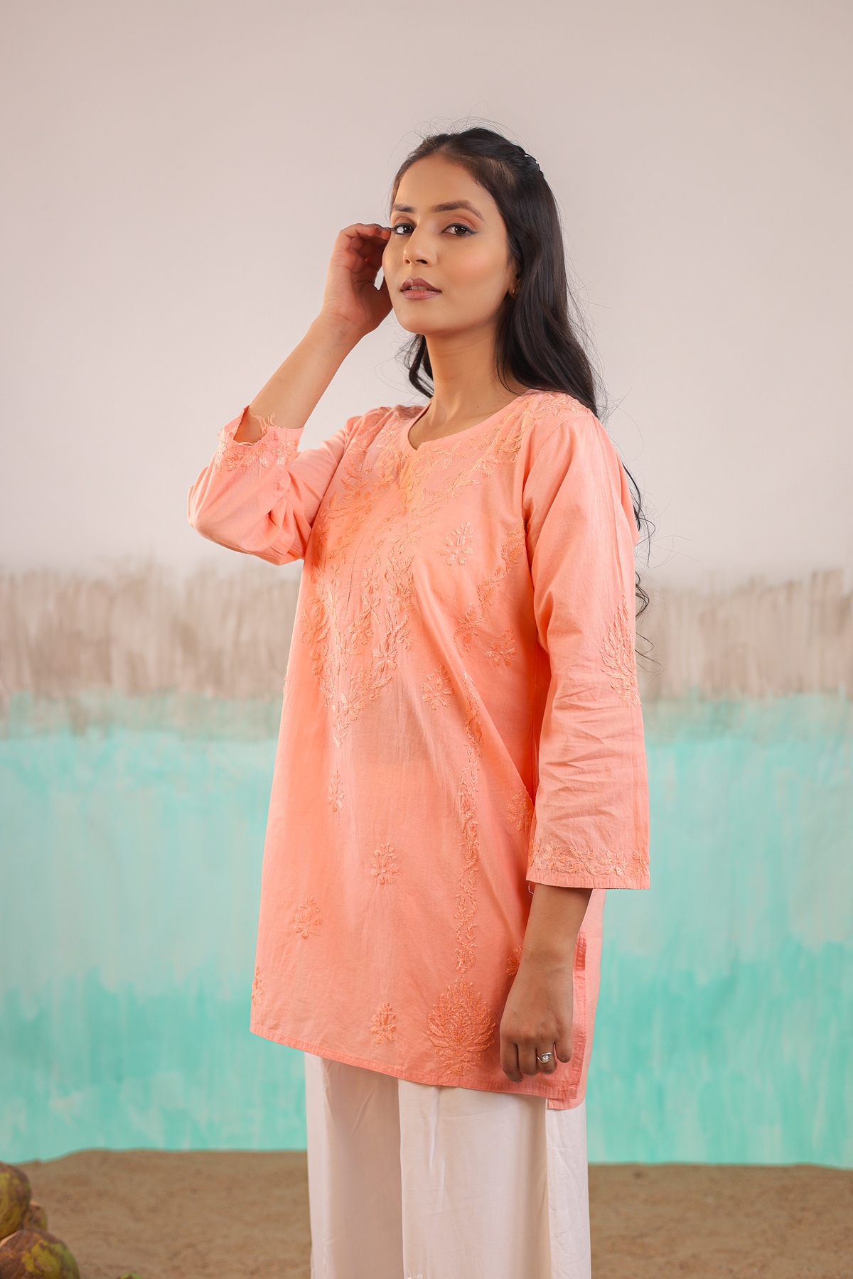 PEACH ANVI PURE COTTON HAND CRAFTED CHIKANKARI SHORT KURTI