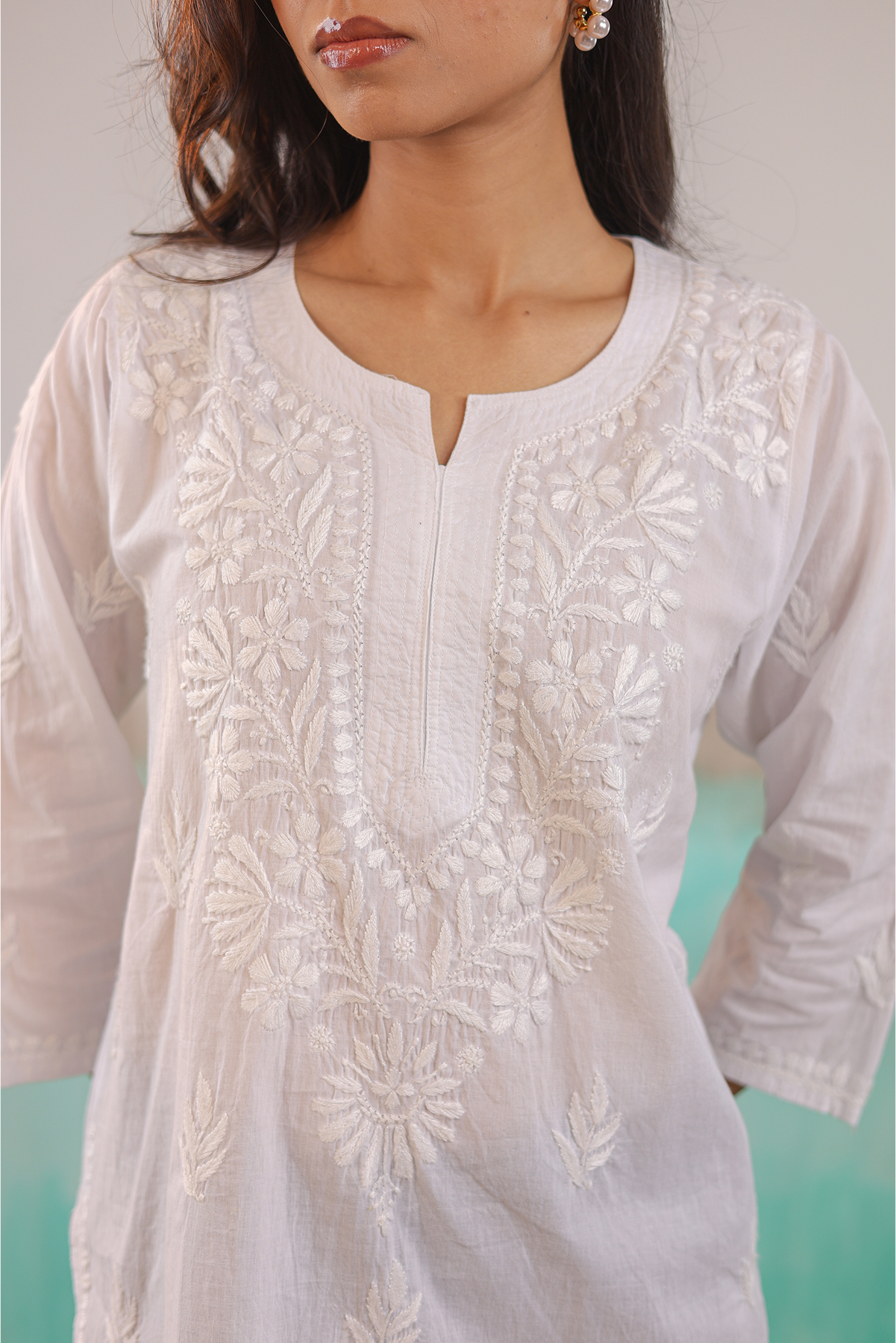 WHITE NEERA PURE COTTON HAND CRAFTED CHIKANKARI SHORT KURTI