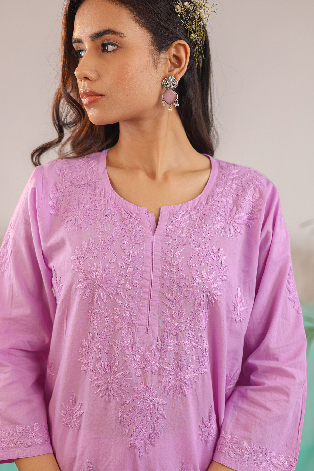 MAUVE ANAYA PURE COTTON HAND CRAFTED CHIKANKARI SHORT KURTI