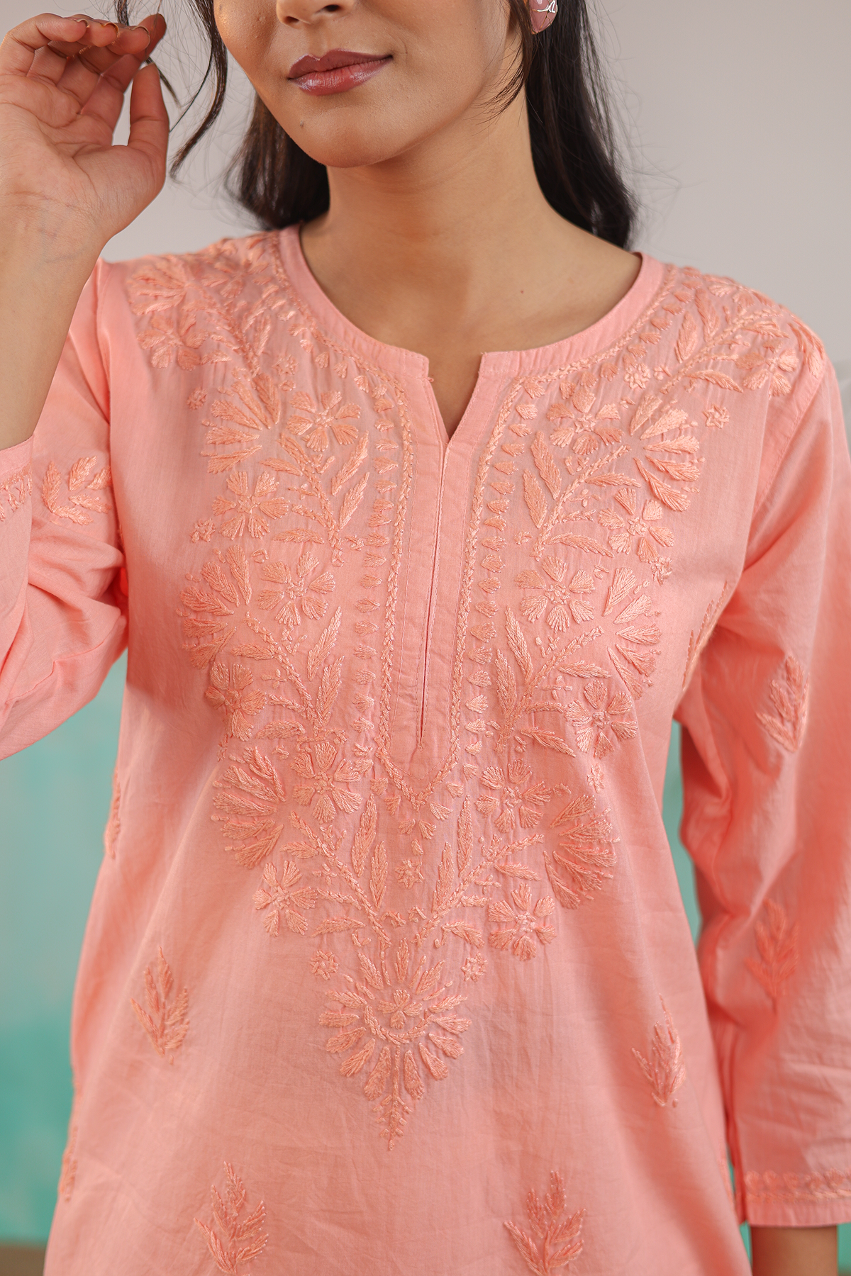 PEACH NEERA PURE COTTON HAND CRAFTED CHIKANKARI SHORT KURTI