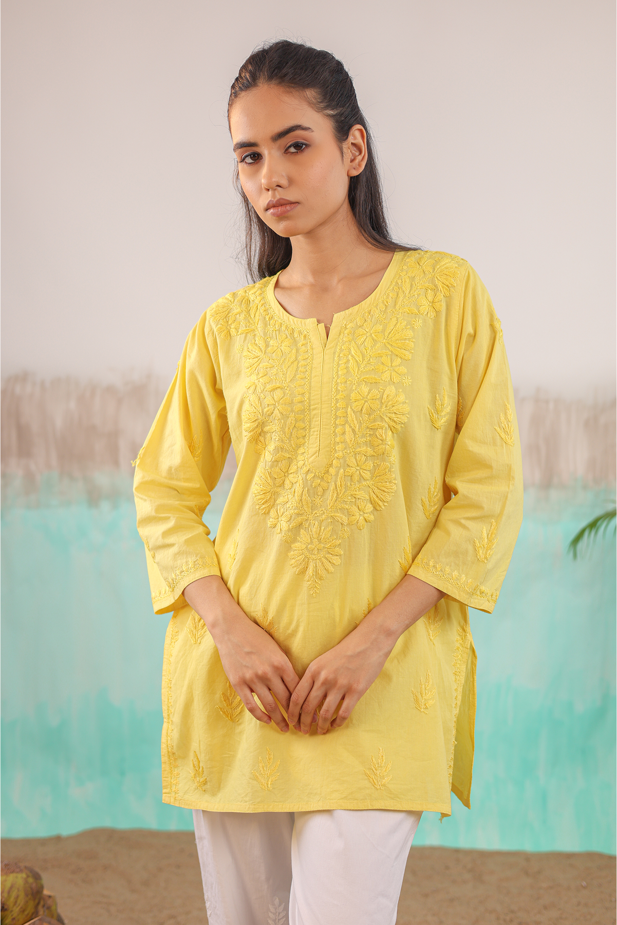 YELLOW NEERA PURE COTTON HAND CRAFTED CHIKANKARI SHORT KURTI