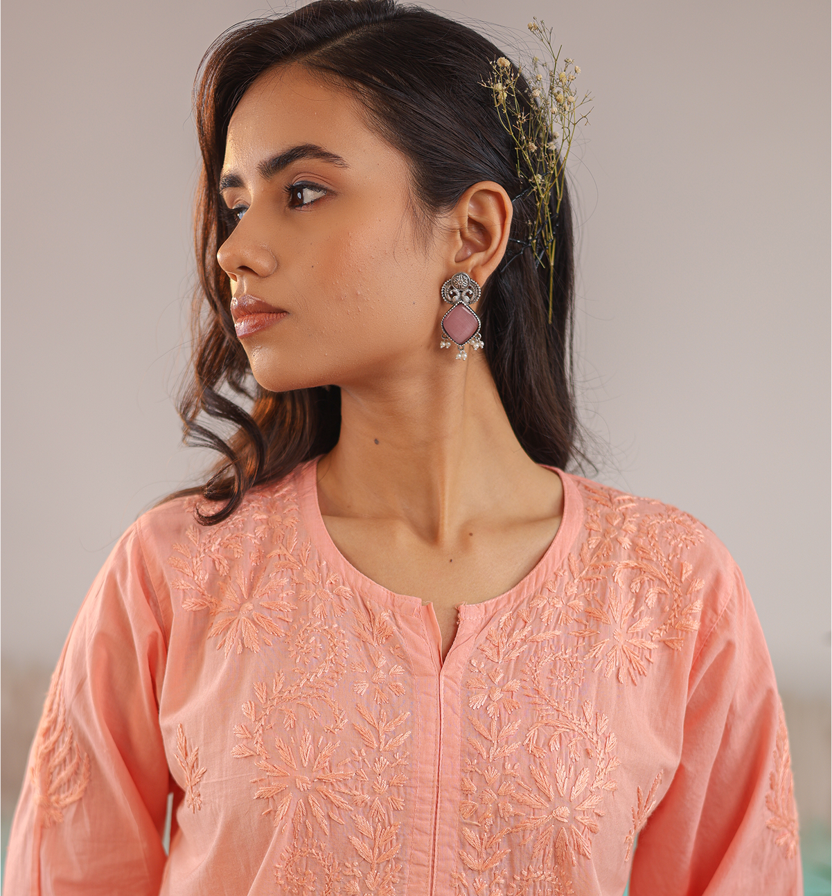 PEACH ANAYA PURE COTTON HAND CRAFTED CHIKANKARI SHORT KURTI