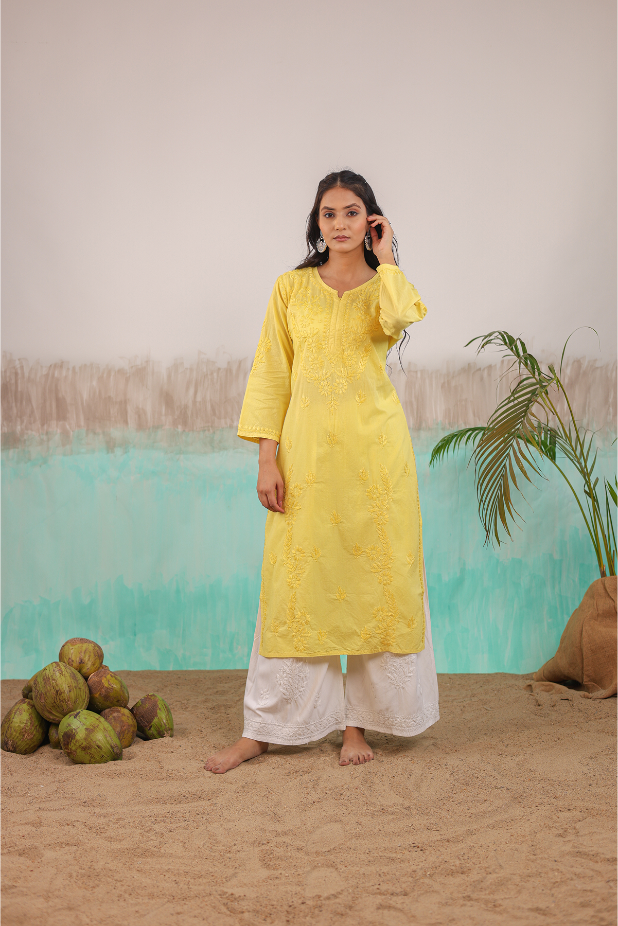 YELLOW KAVYA PURE COTTON HAND CRAFTED CHIKANKARI STRAIGHT KURTI