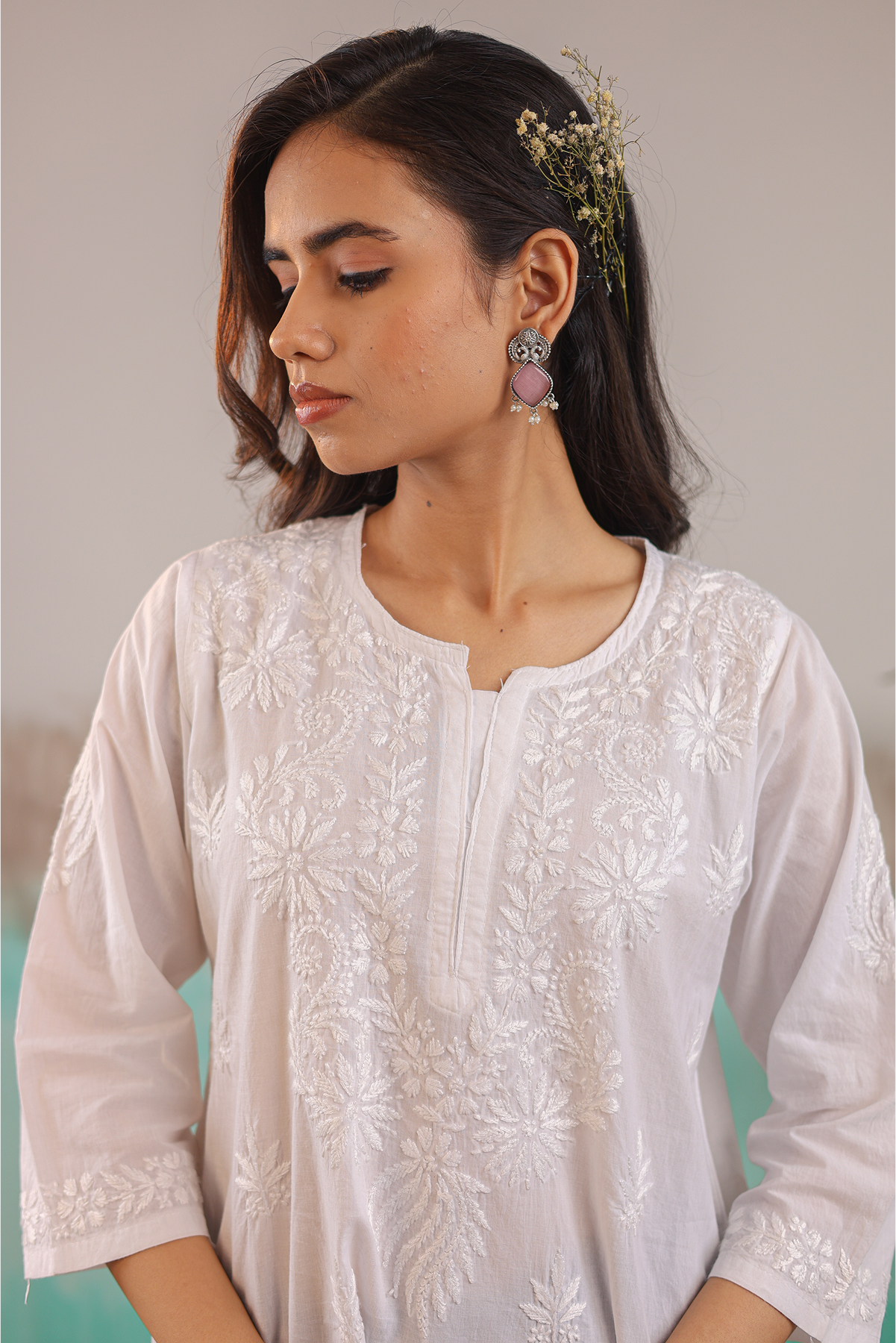 WHITE ANAYA PURE COTTON HAND CRAFTED CHIKANKARI SHORT KURTI