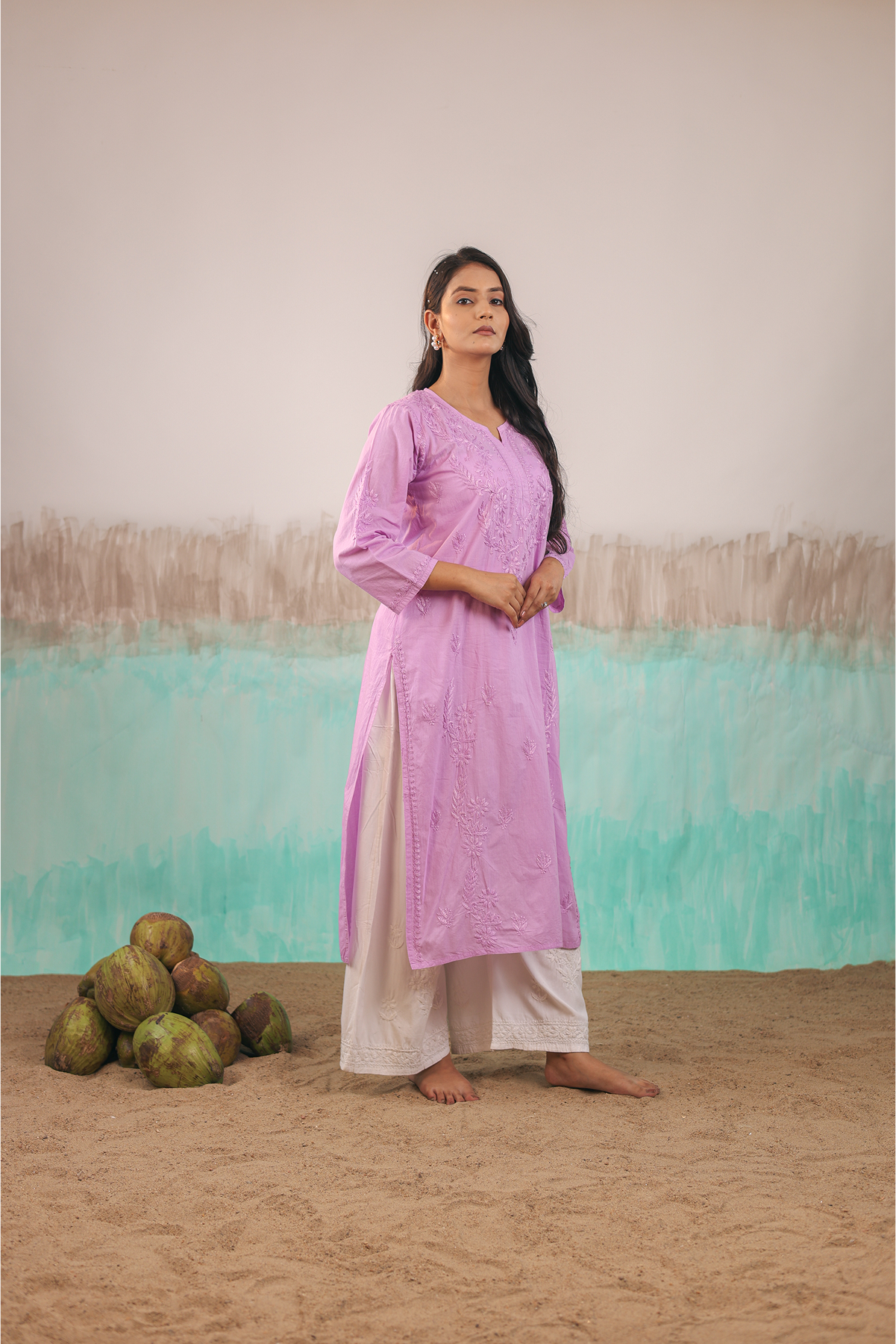 MAUVE KAVYA PURE COTTON HAND CRAFTED CHIKANKARI STRAIGHT KURTI