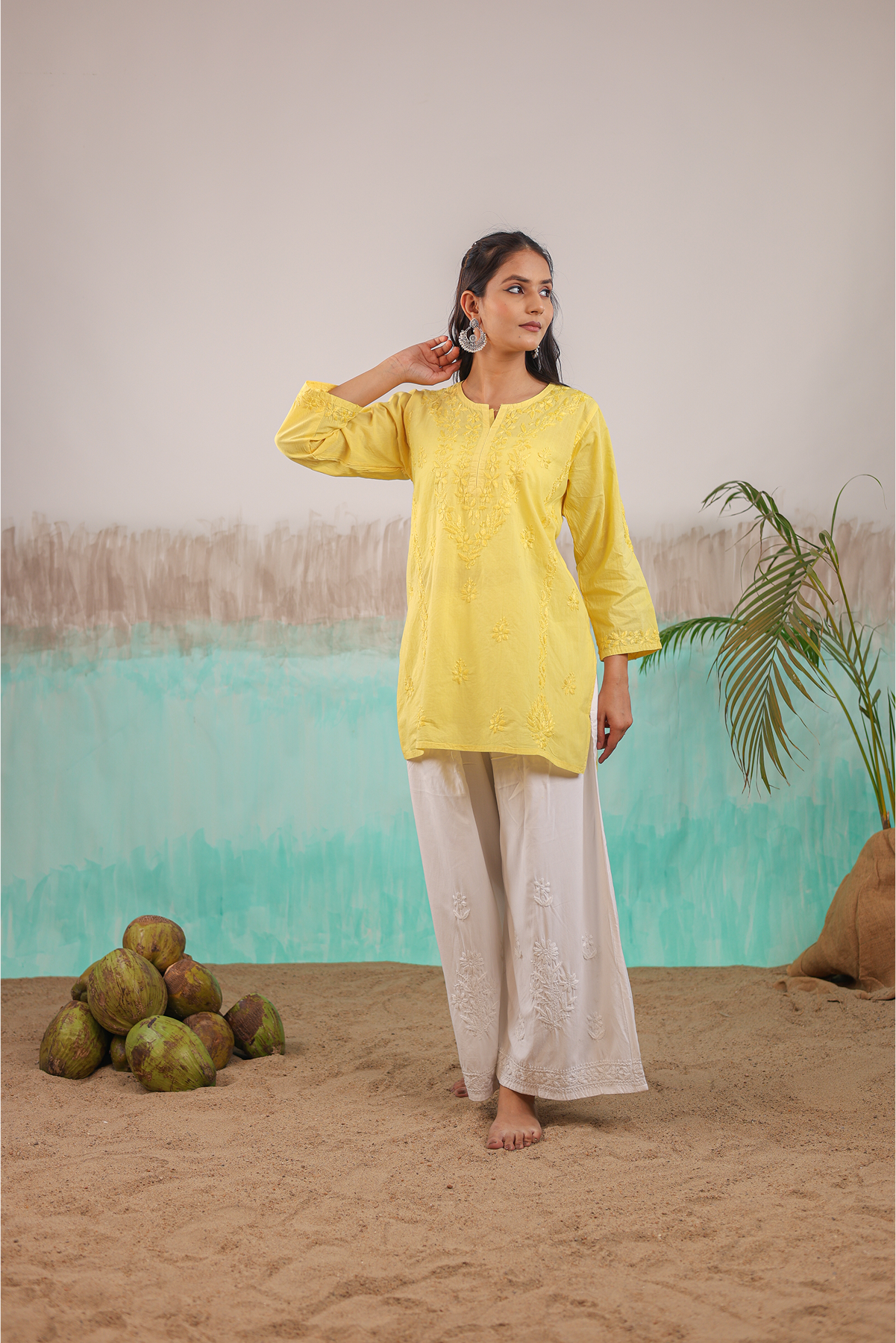 YELLOW ANVI PURE COTTON HAND CRAFTED CHIKANKARI SHORT KURTI