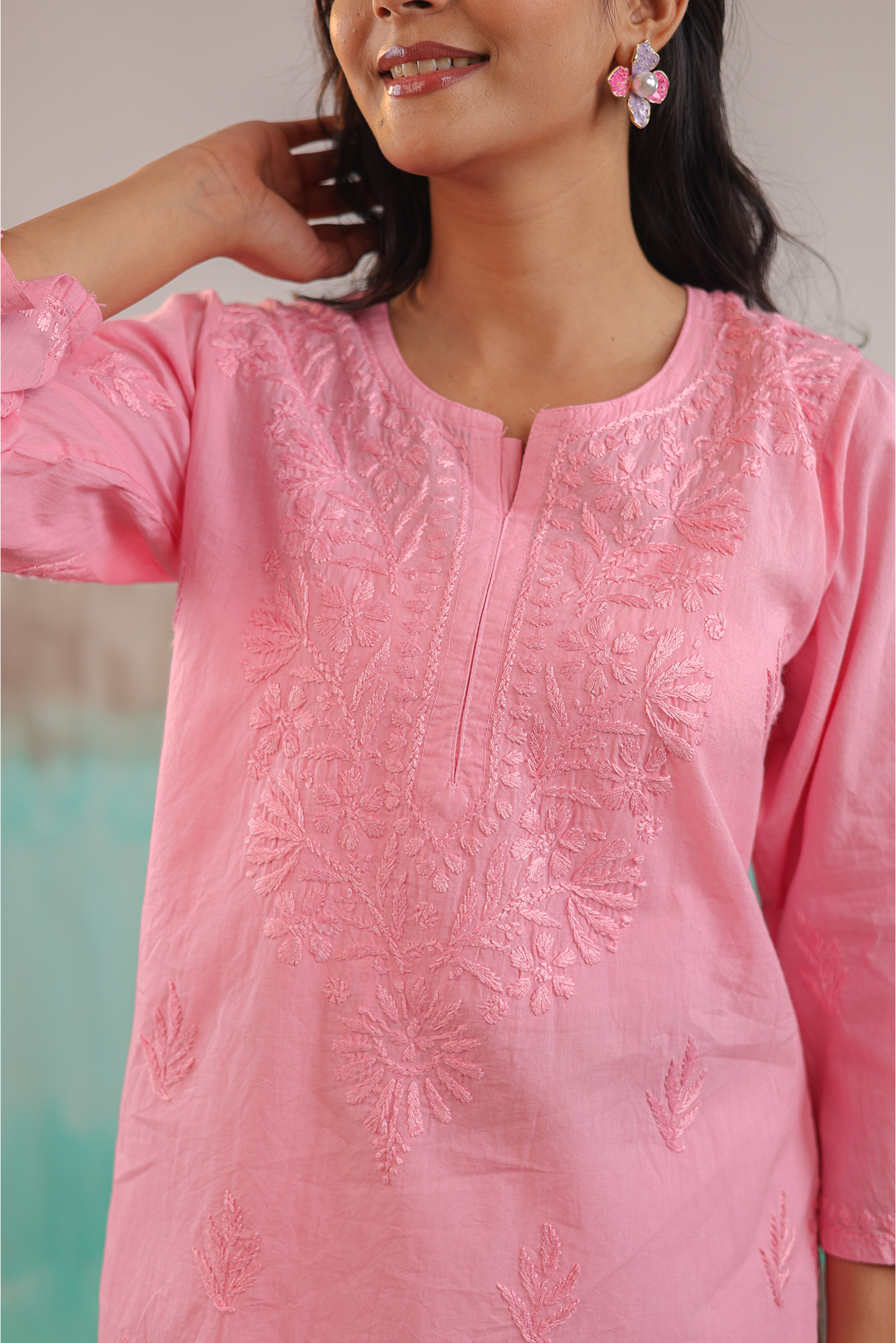 PINK NEERA PURE COTTON HAND CRAFTED CHIKANKARI SHORT KURTI