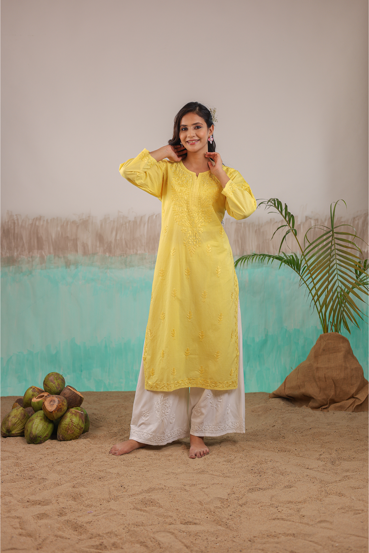 YELLOW AAROHI PURE COTTON HAND CRAFTED CHIKANKARI STRAIGHT KURTI