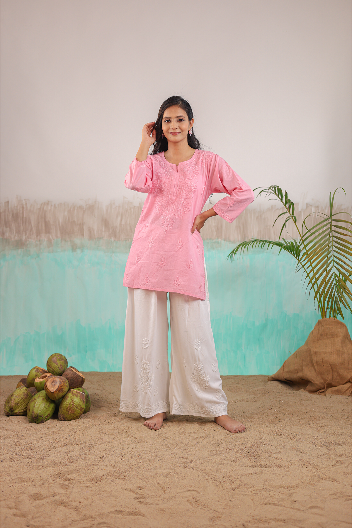 PINK NEERA PURE COTTON HAND CRAFTED CHIKANKARI SHORT KURTI