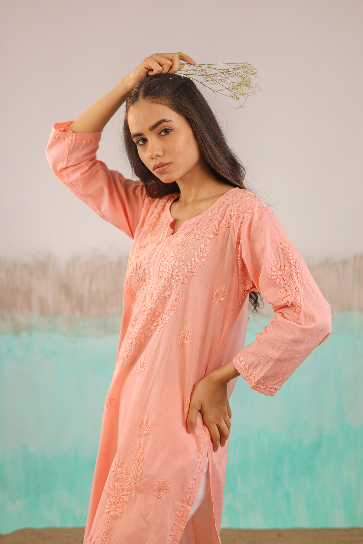 PEACH KAVYA PURE COTTON HAND CRAFTED CHIKANKARI STRAIGHT KURTI