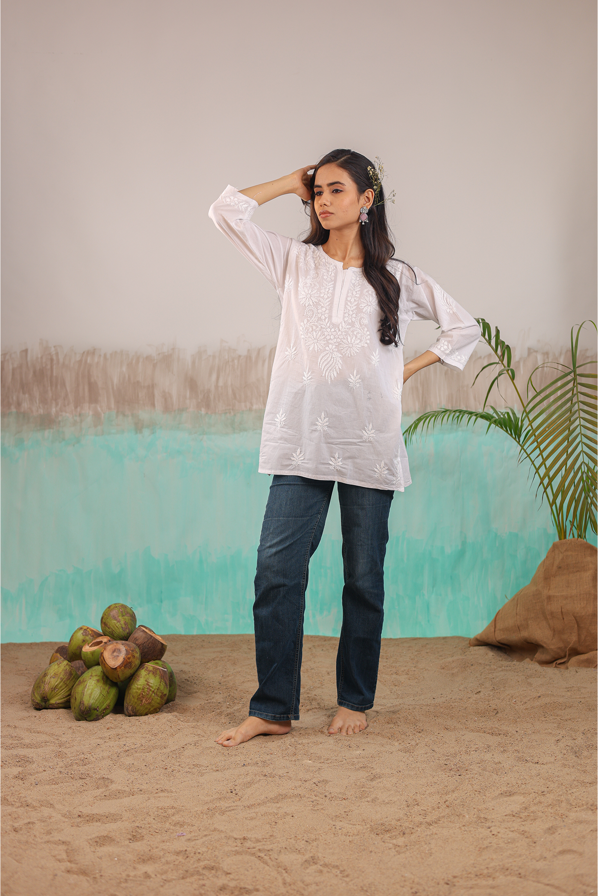 WHITE ANAYA PURE COTTON HAND CRAFTED CHIKANKARI SHORT KURTI