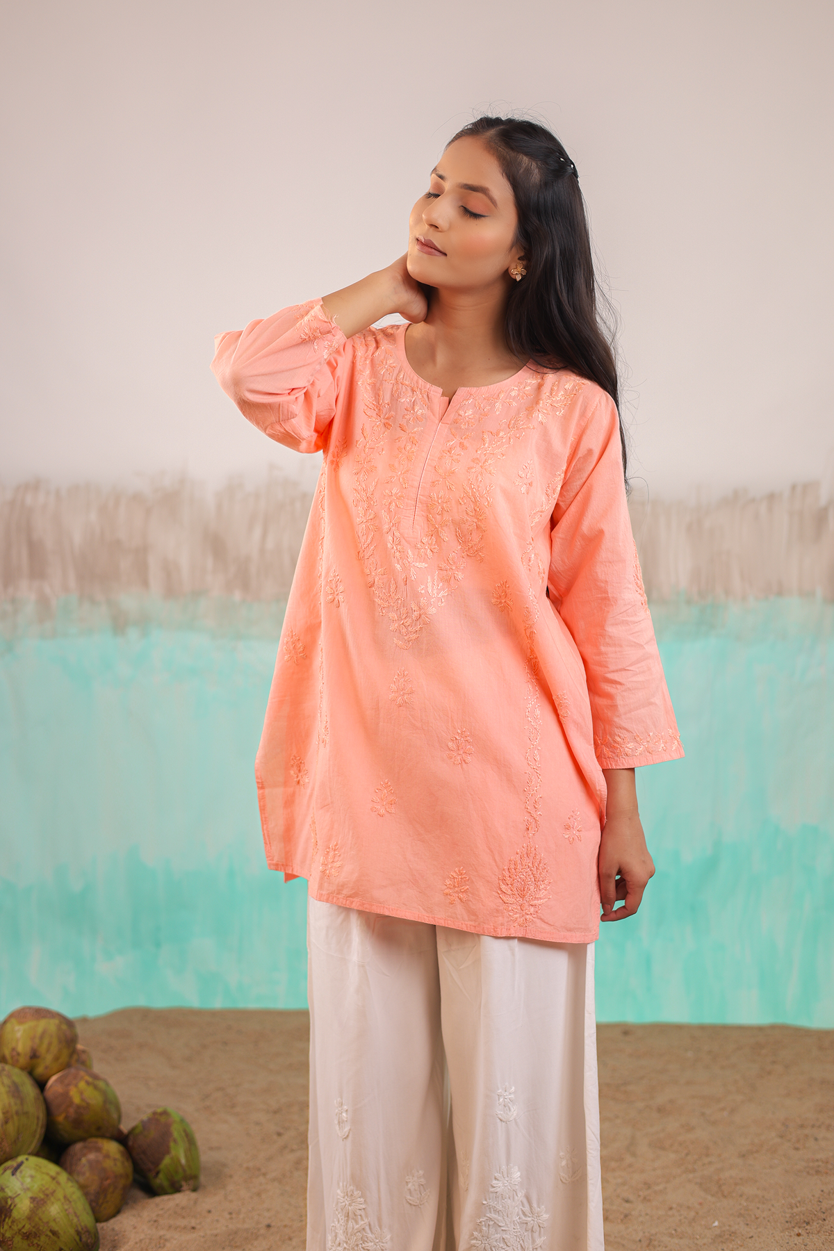 PEACH ANVI PURE COTTON HAND CRAFTED CHIKANKARI SHORT KURTI