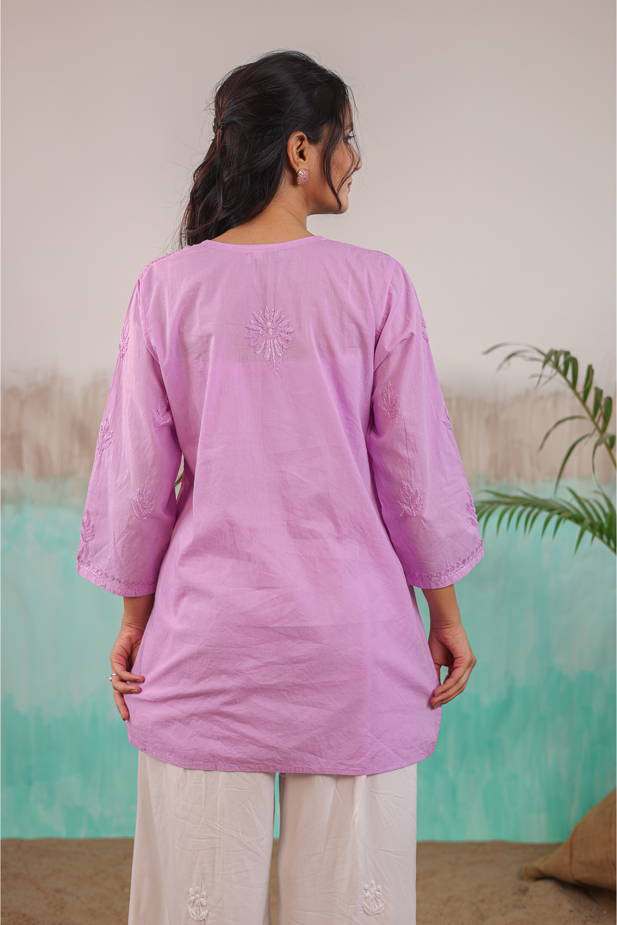 MAUVE NEERA PURE COTTON HAND CRAFTED CHIKANKARI SHORT KURTI