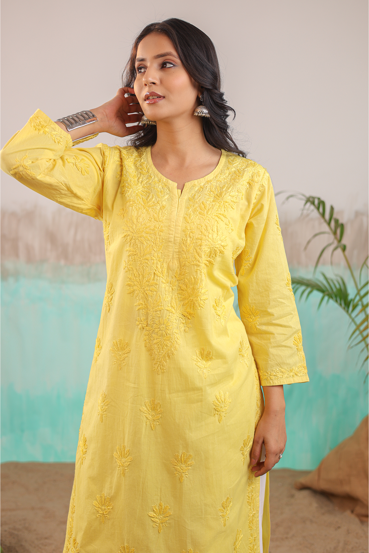 YELLOW RUHANI PURE COTTON HAND CRAFTED CHIKANKARI STRAIGHT KURTI