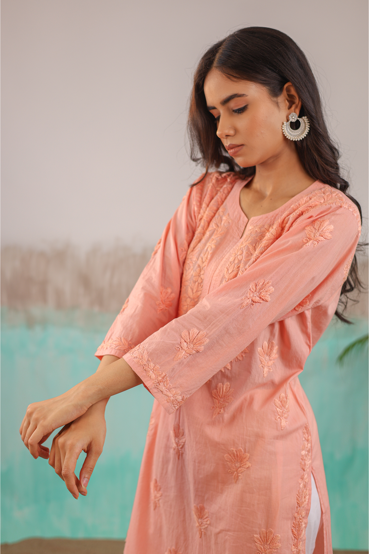 PEACH RUHANI PURE COTTON HAND CRAFTED CHIKANKARI STRAIGHT KURTI