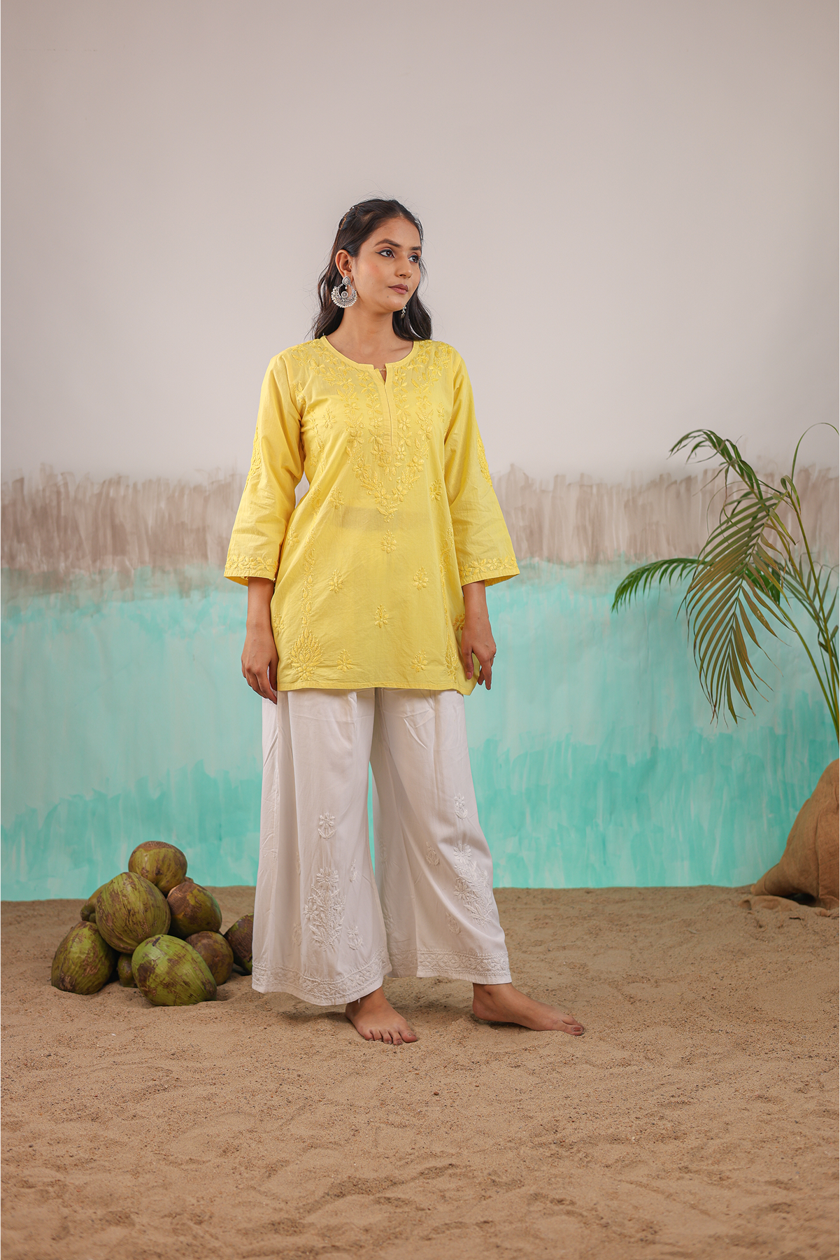 YELLOW ANVI PURE COTTON HAND CRAFTED CHIKANKARI SHORT KURTI