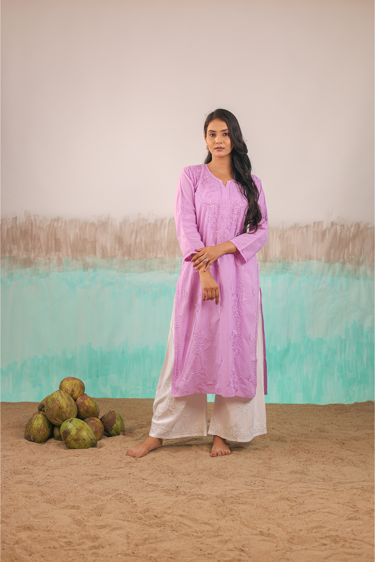 MAUVE KAVYA PURE COTTON HAND CRAFTED CHIKANKARI STRAIGHT KURTI