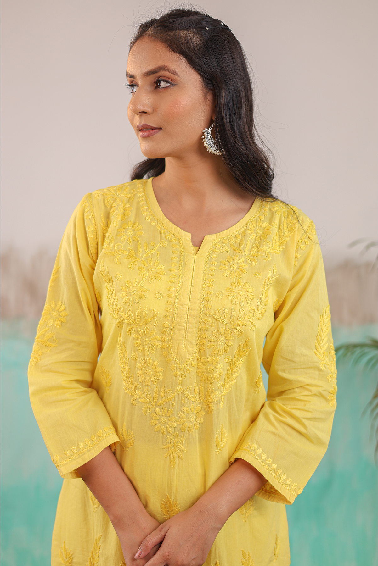 YELLOW KAVYA PURE COTTON HAND CRAFTED CHIKANKARI STRAIGHT KURTI