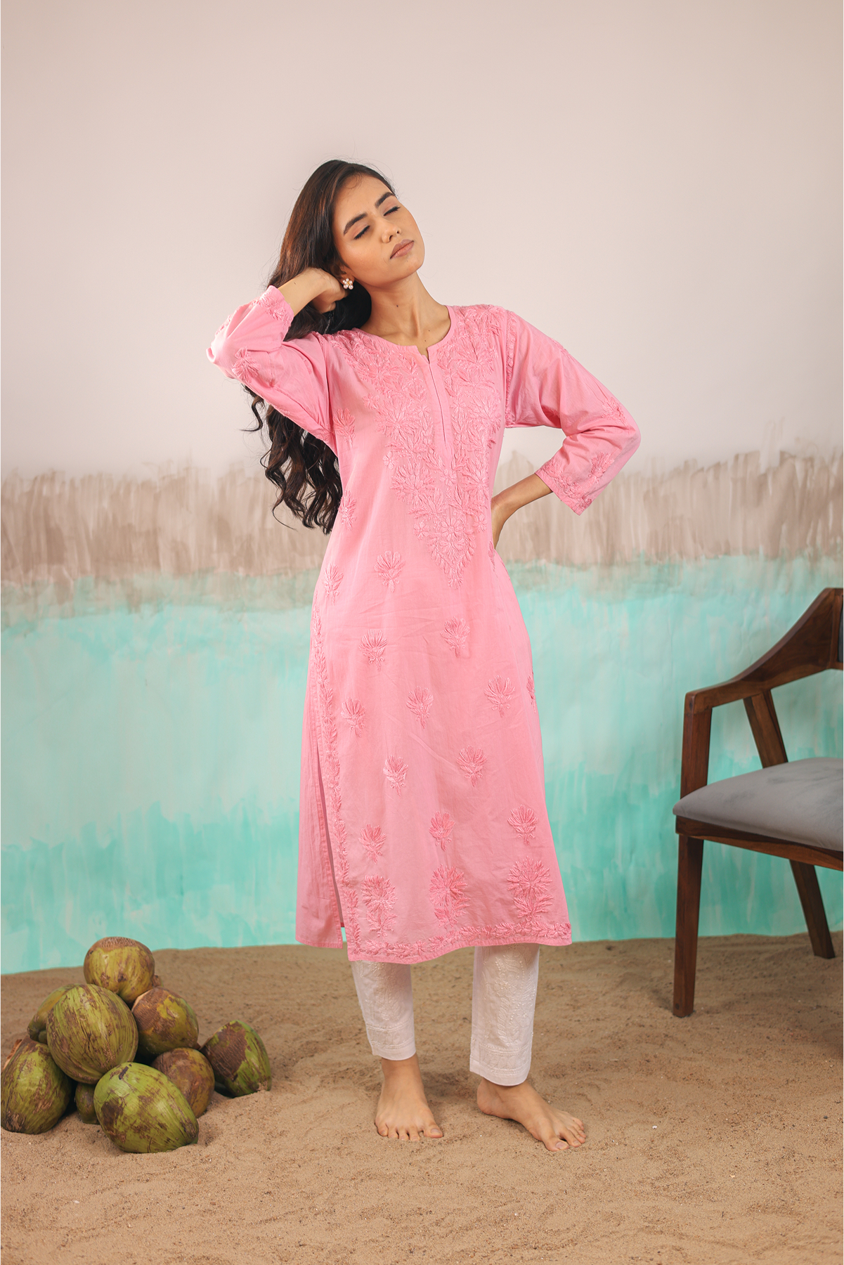 PINK RUHANI PURE COTTON HAND CRAFTED CHIKANKARI STRAIGHT KURTI