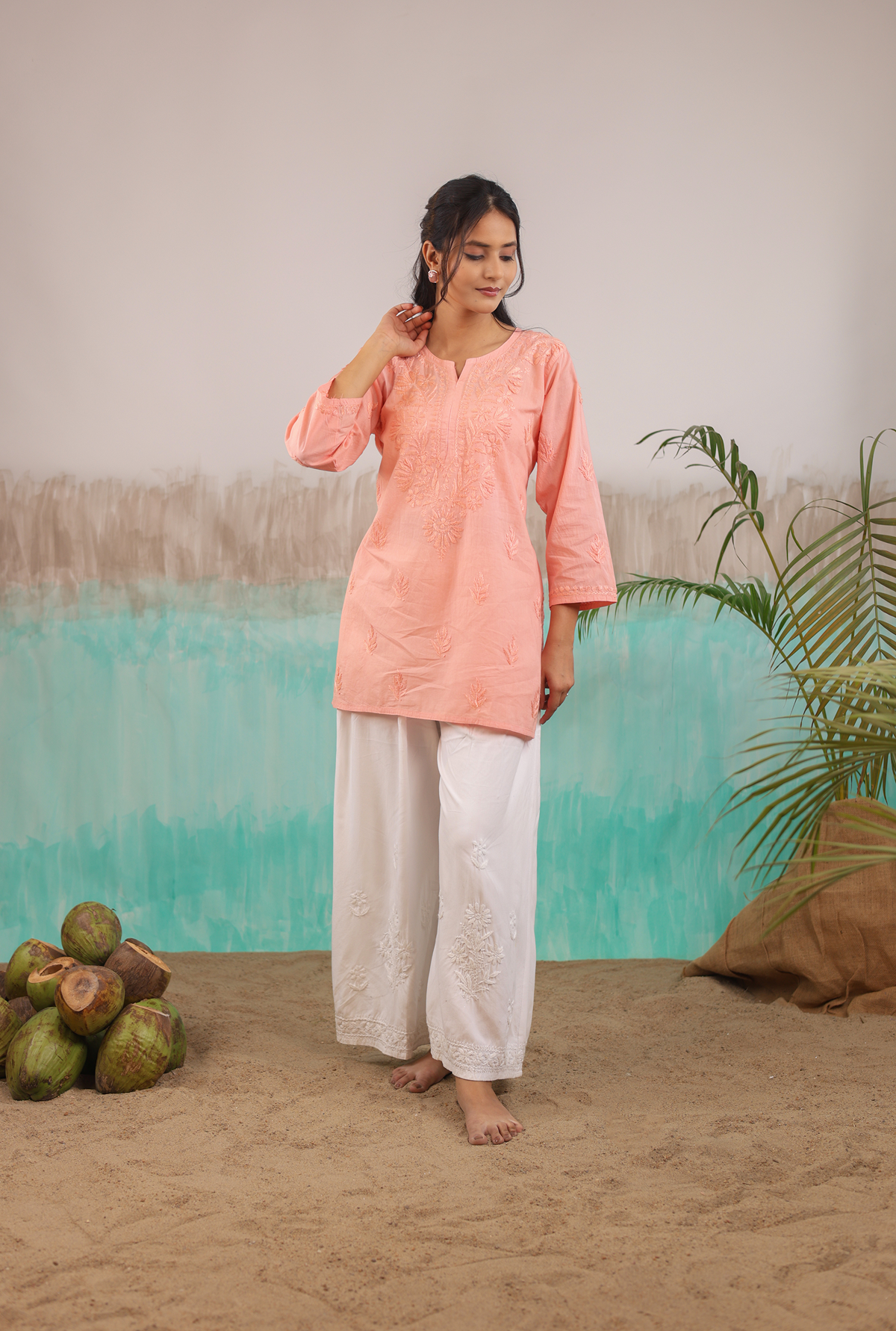PEACH NEERA PURE COTTON HAND CRAFTED CHIKANKARI SHORT KURTI