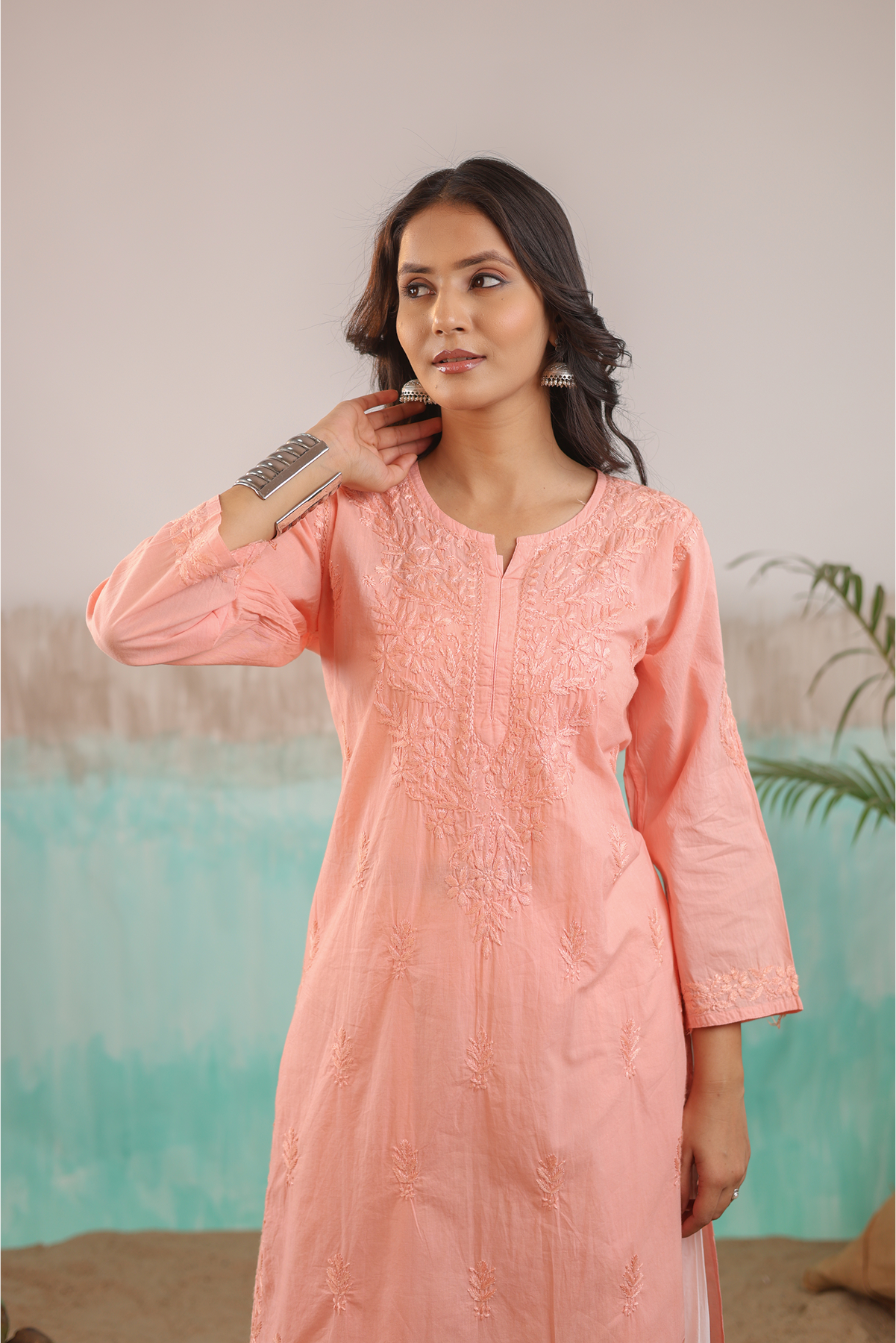 PEACH AAROHI PURE COTTON HAND CRAFTED CHIKANKARI STRAIGHT KURTI