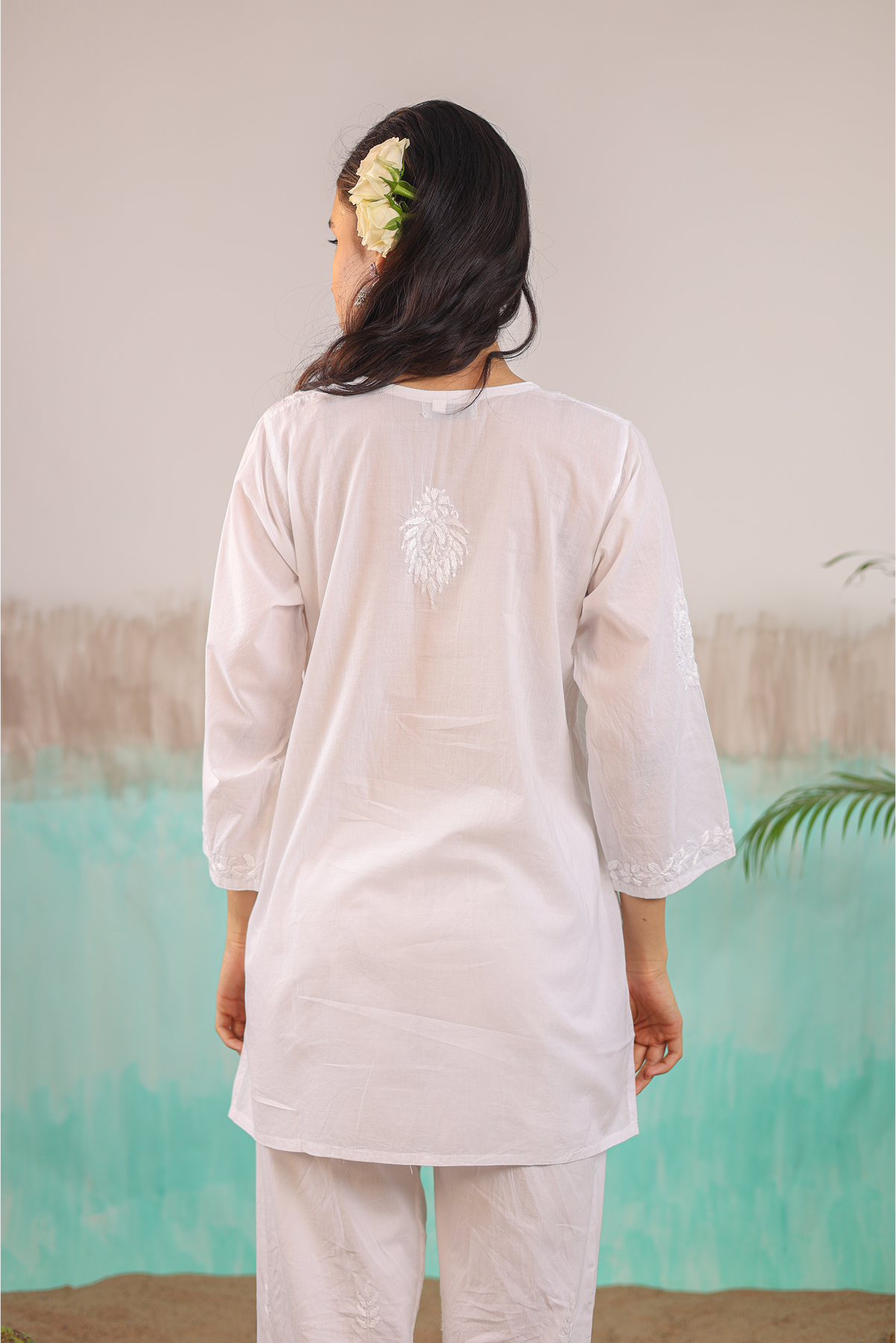 WHITE ANVI PURE COTTON HAND CRAFTED CHIKANKARI SHORT KURTI