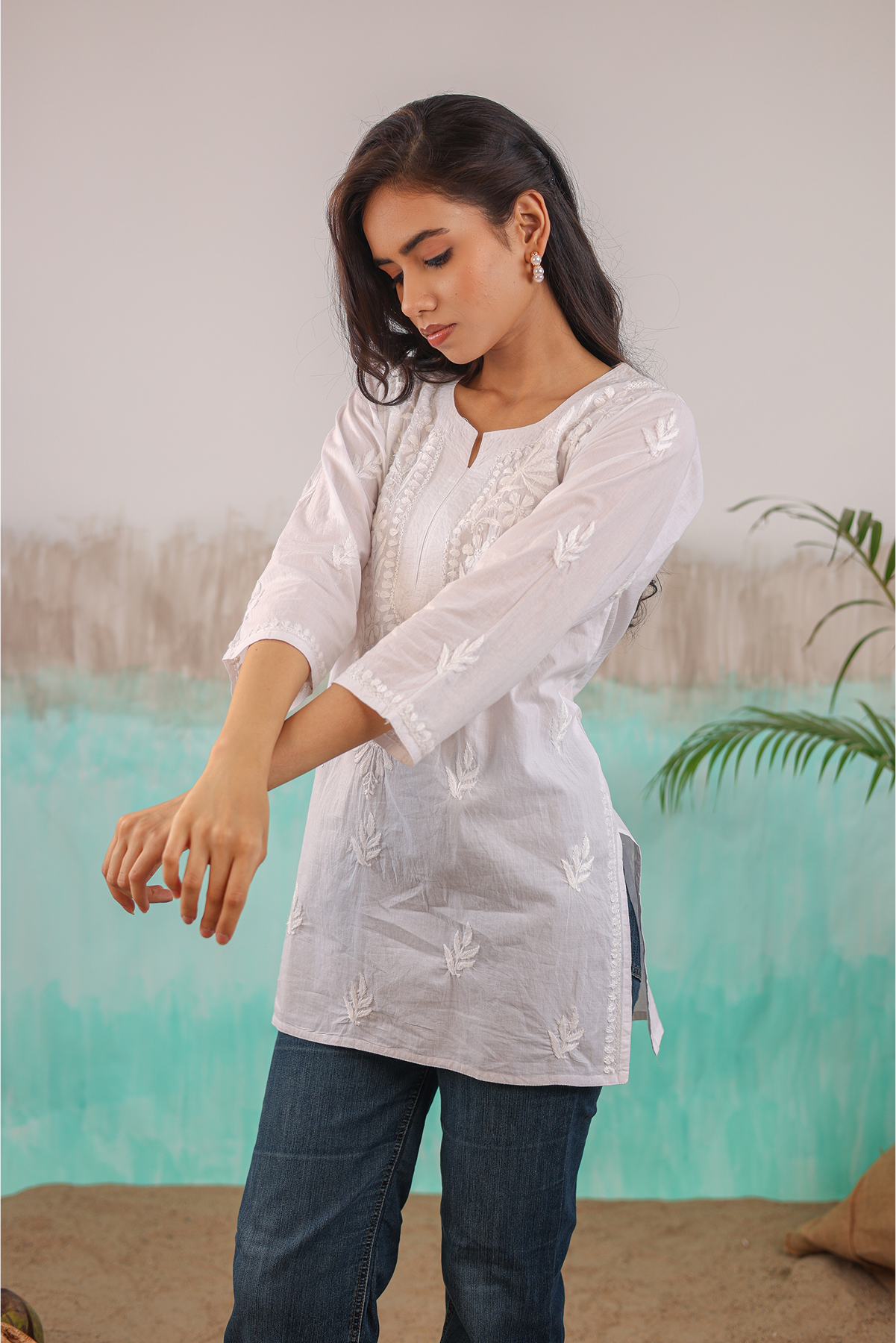 WHITE NEERA PURE COTTON HAND CRAFTED CHIKANKARI SHORT KURTI