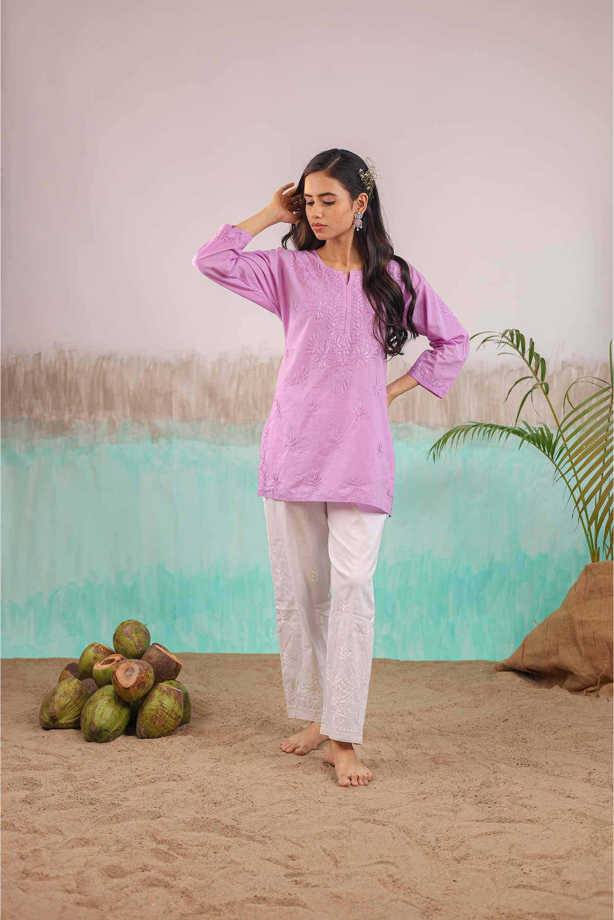 MAUVE ANAYA PURE COTTON HAND CRAFTED CHIKANKARI SHORT KURTI