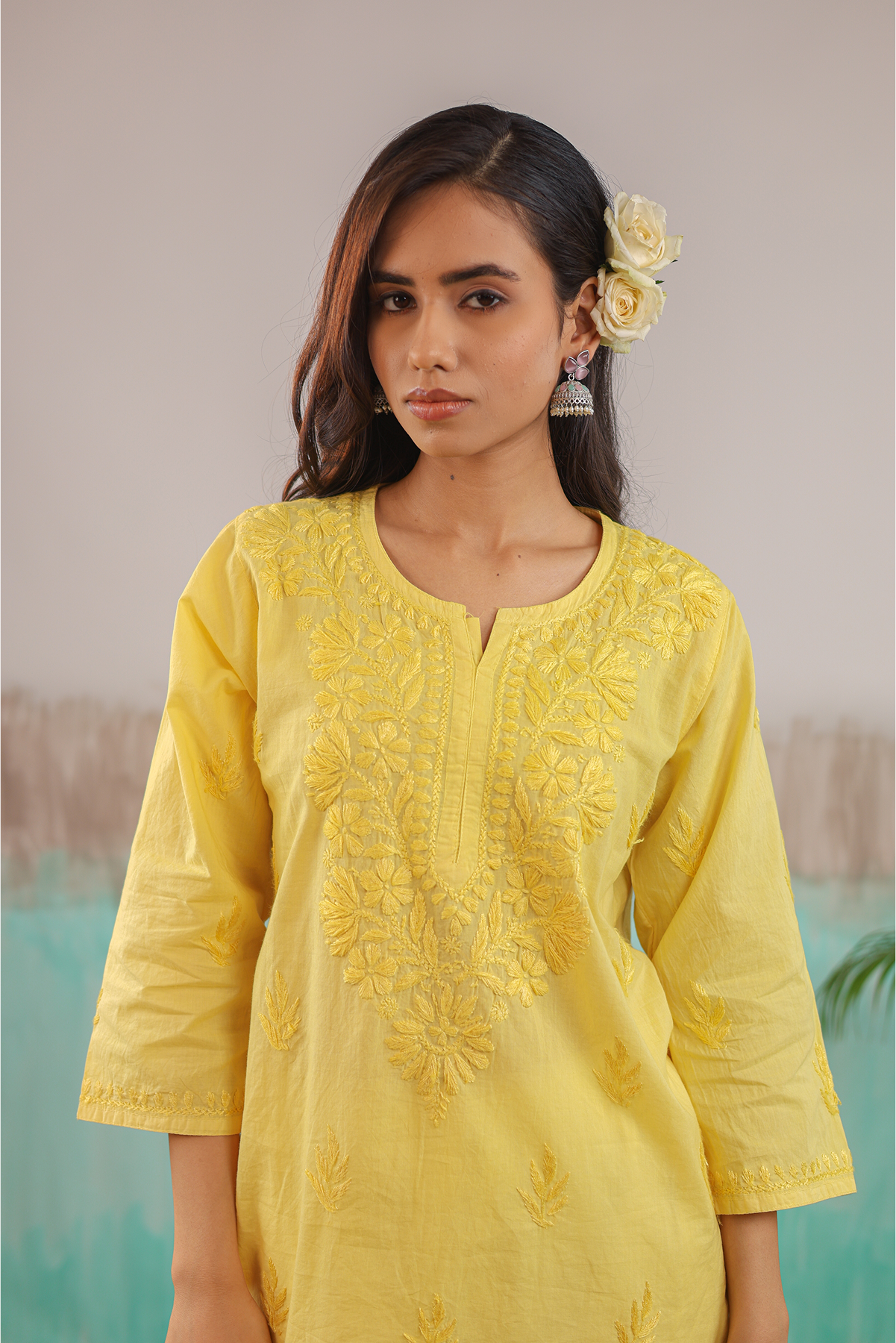 YELLOW NEERA PURE COTTON HAND CRAFTED CHIKANKARI SHORT KURTI