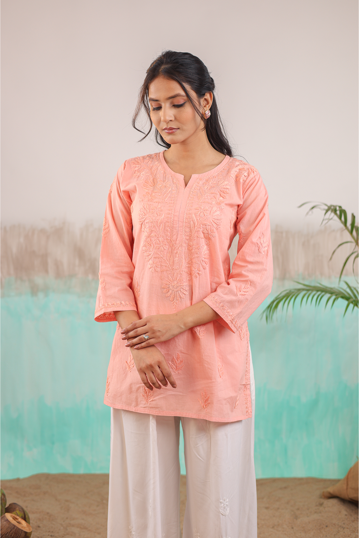 PEACH ANAYA PURE COTTON HAND CRAFTED CHIKANKARI SHORT KURTI