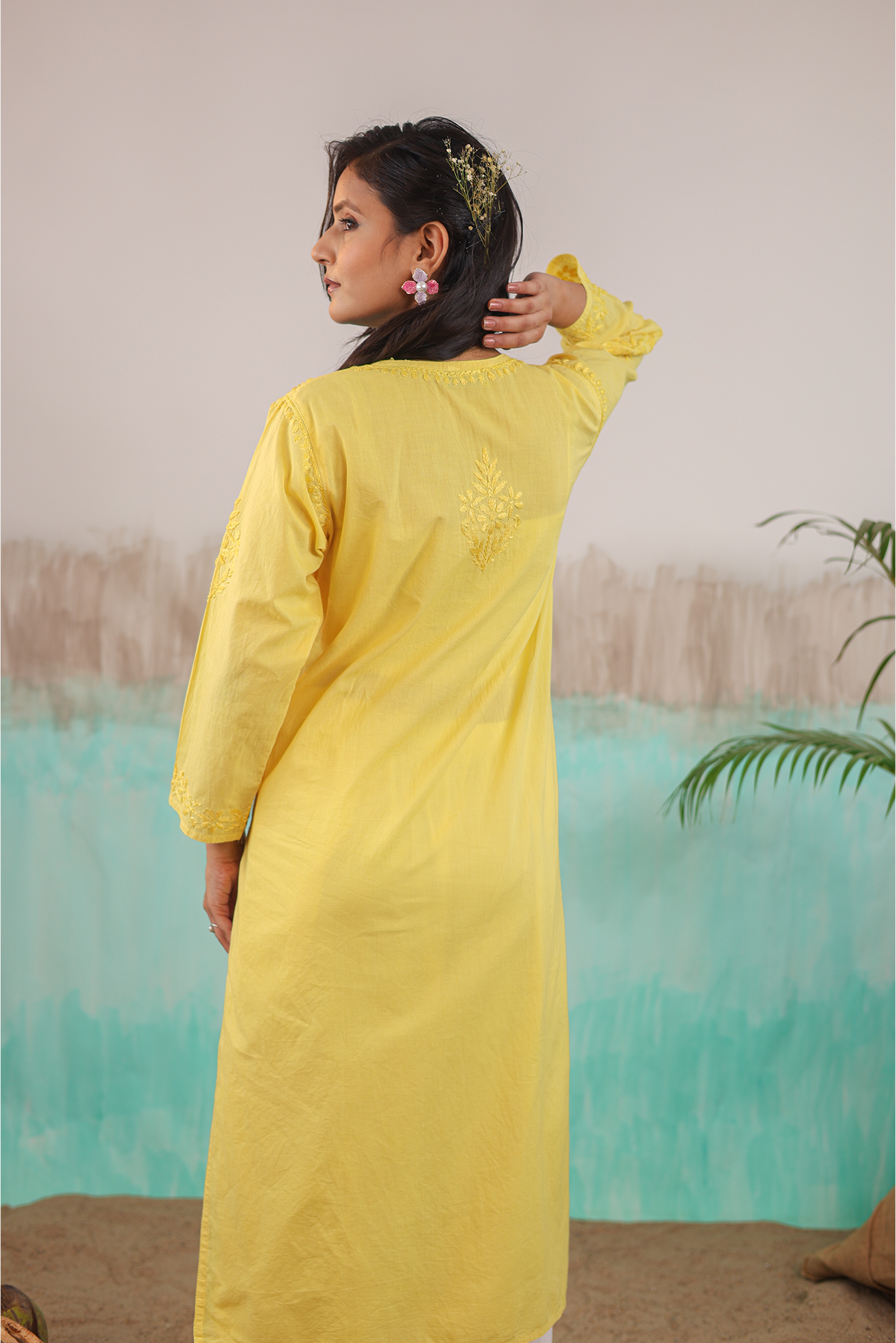 YELLOW AAROHI PURE COTTON HAND CRAFTED CHIKANKARI STRAIGHT KURTI