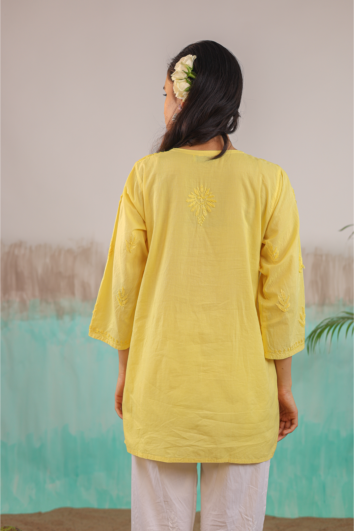 YELLOW NEERA PURE COTTON HAND CRAFTED CHIKANKARI SHORT KURTI