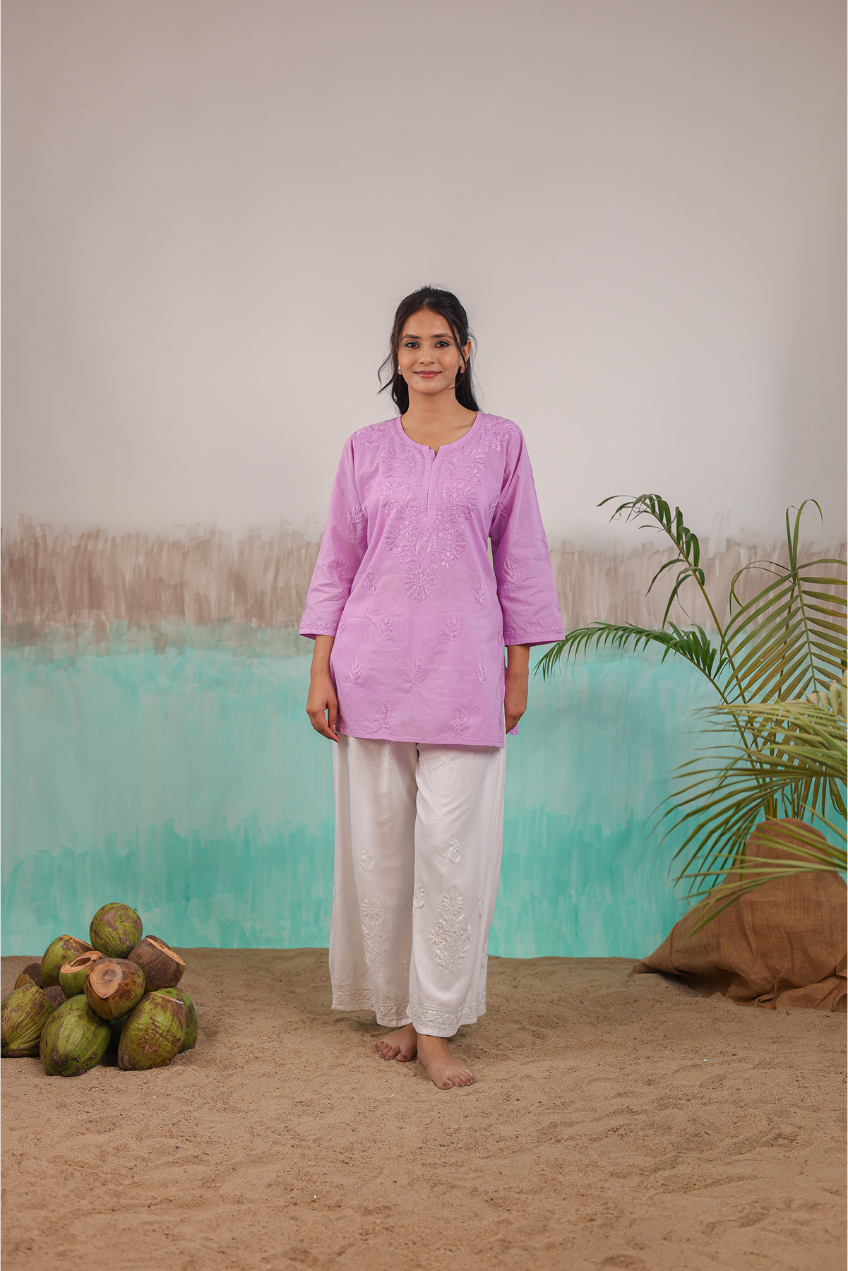 MAUVE NEERA PURE COTTON HAND CRAFTED CHIKANKARI SHORT KURTI