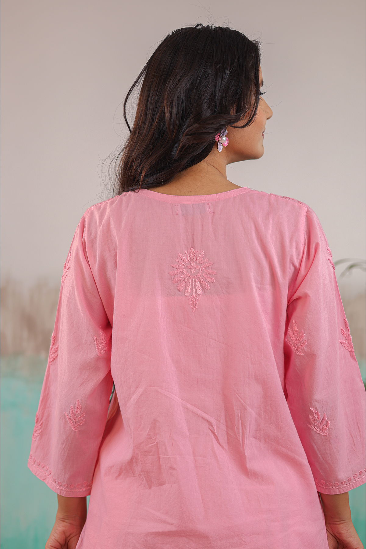 PINK NEERA PURE COTTON HAND CRAFTED CHIKANKARI SHORT KURTI