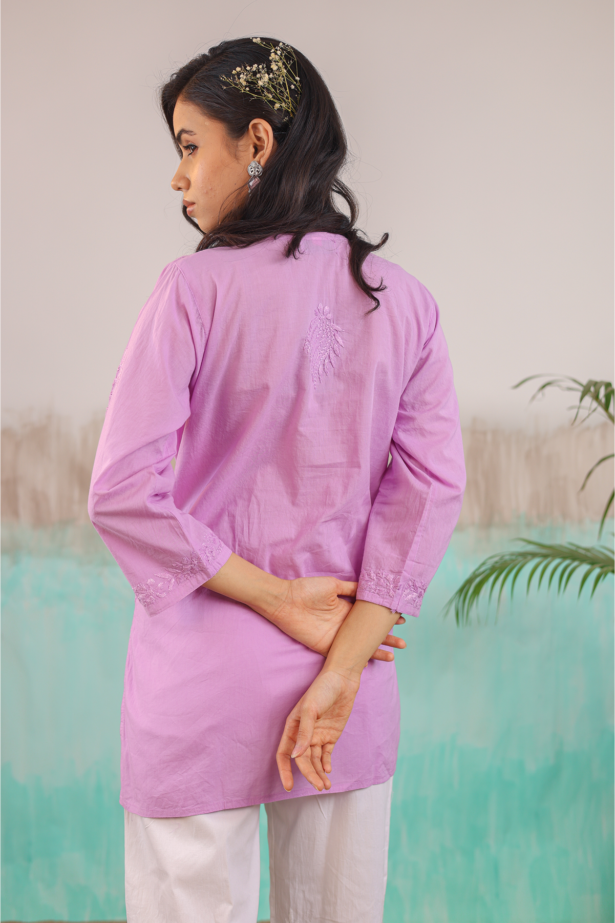 MAUVE ANAYA PURE COTTON HAND CRAFTED CHIKANKARI SHORT KURTI