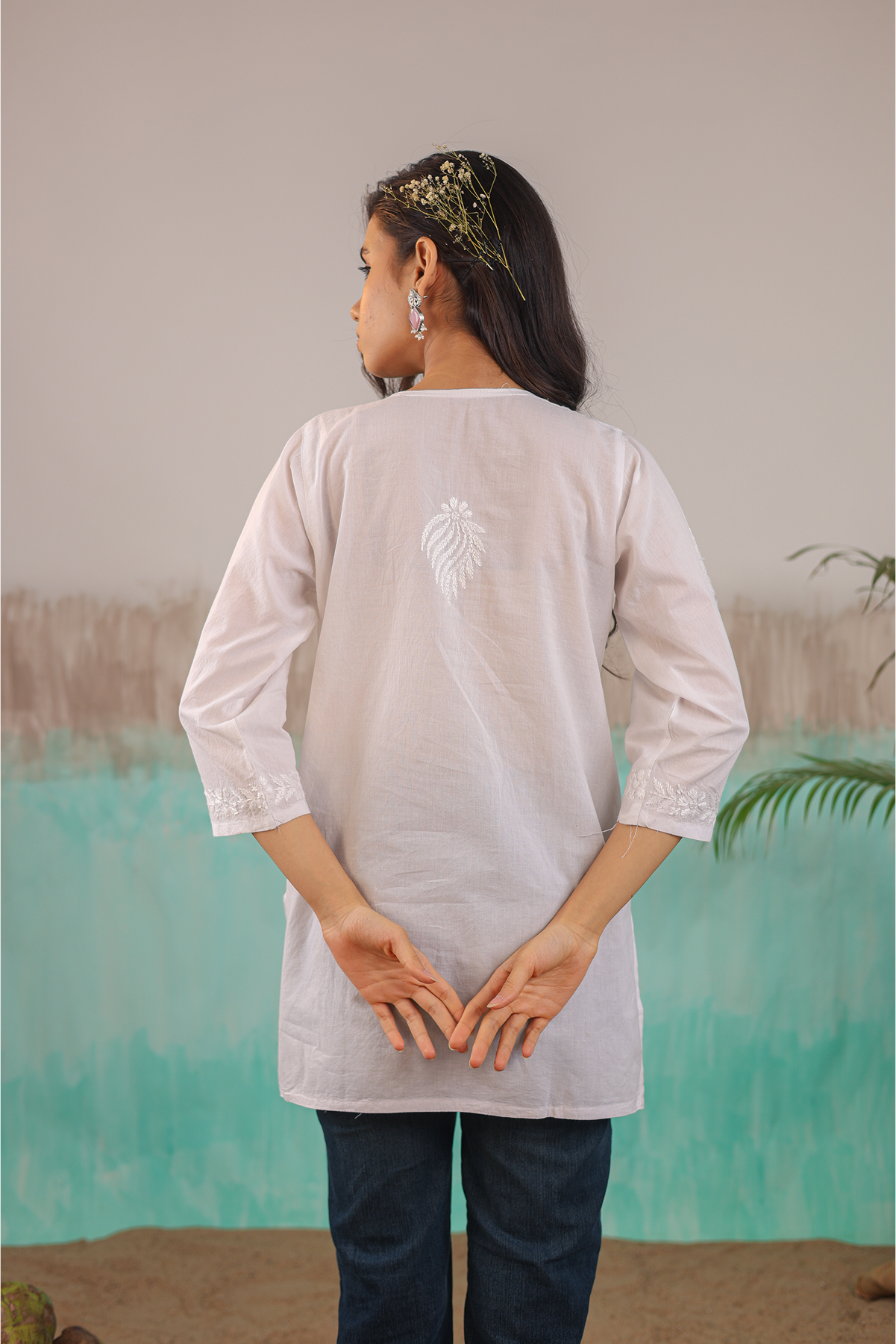 WHITE ANAYA PURE COTTON HAND CRAFTED CHIKANKARI SHORT KURTI