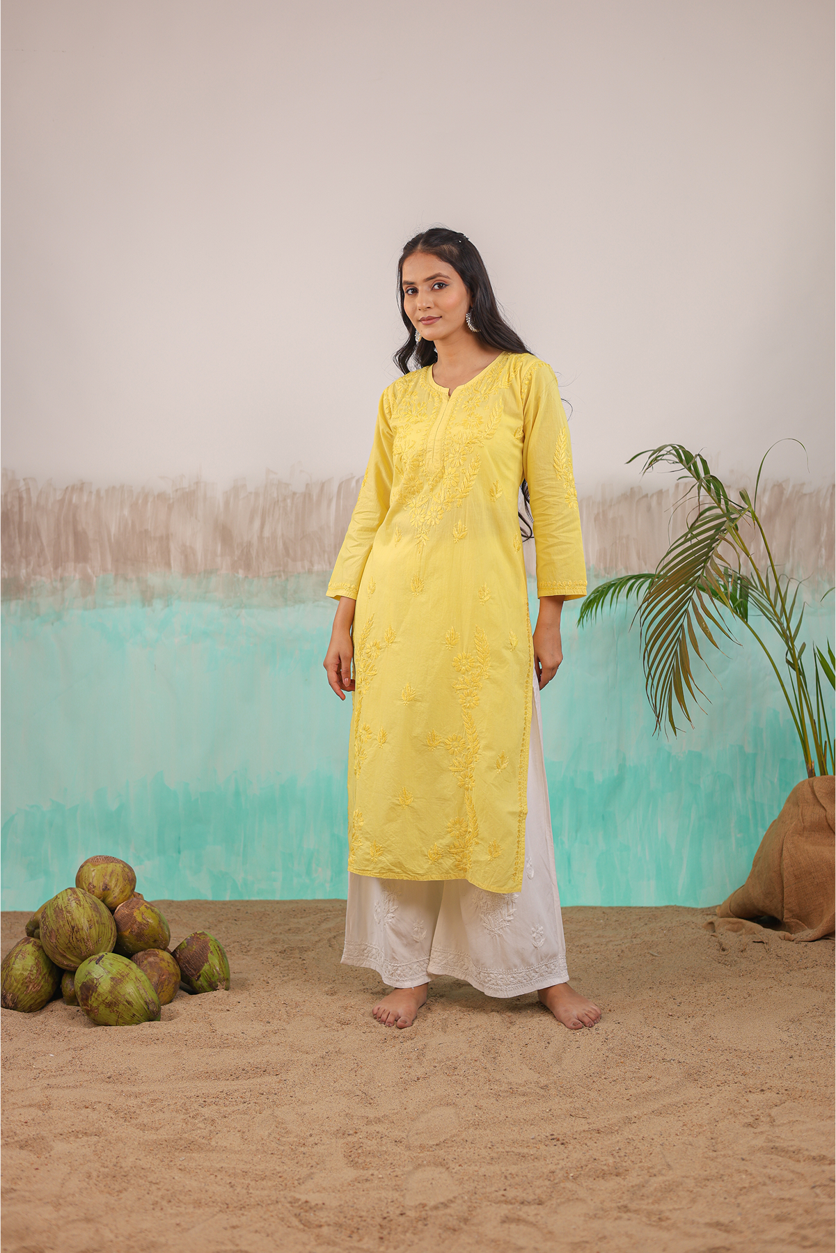 YELLOW KAVYA PURE COTTON HAND CRAFTED CHIKANKARI STRAIGHT KURTI