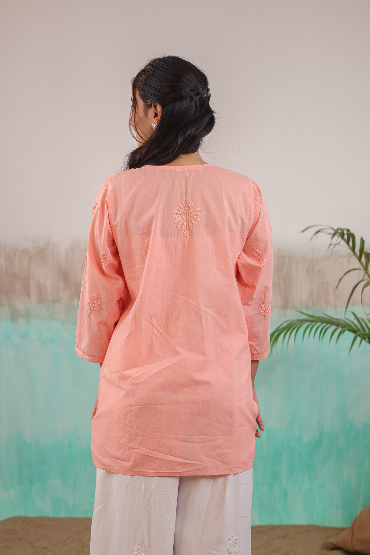 PEACH NEERA PURE COTTON HAND CRAFTED CHIKANKARI SHORT KURTI