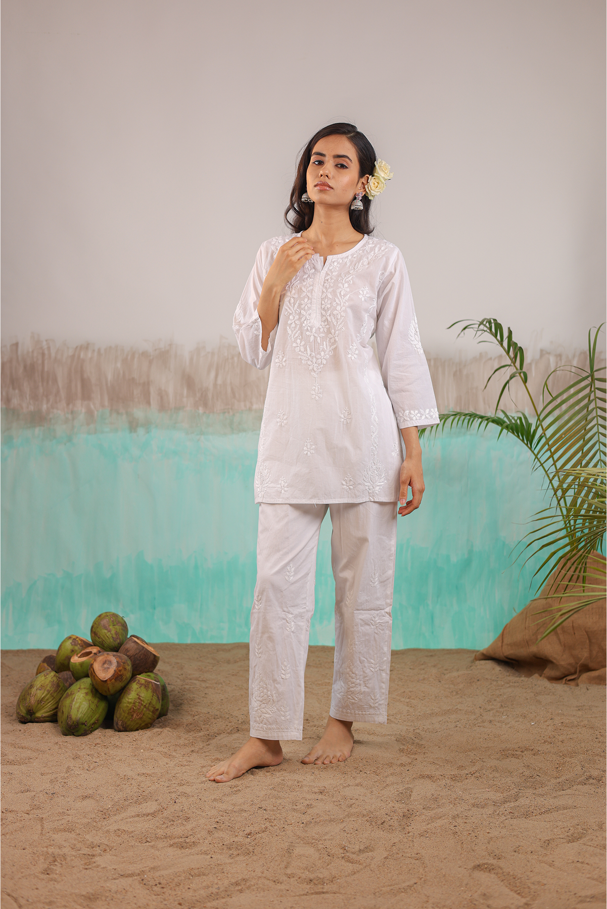 WHITE ANVI PURE COTTON HAND CRAFTED CHIKANKARI SHORT KURTI