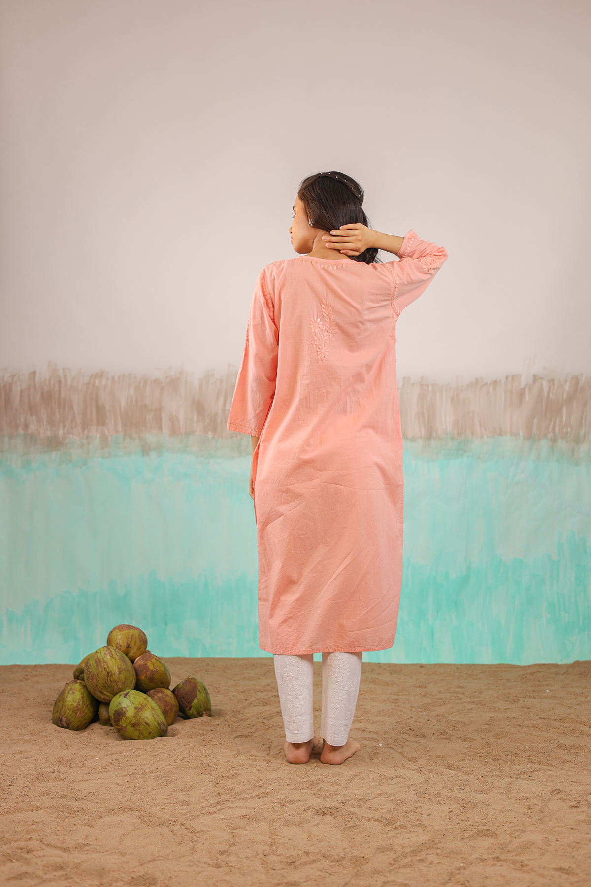 PEACH KAVYA PURE COTTON HAND CRAFTED CHIKANKARI STRAIGHT KURTI